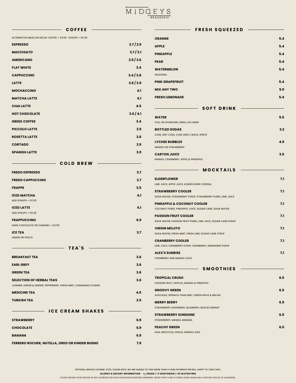 Middeys Brasserie меню