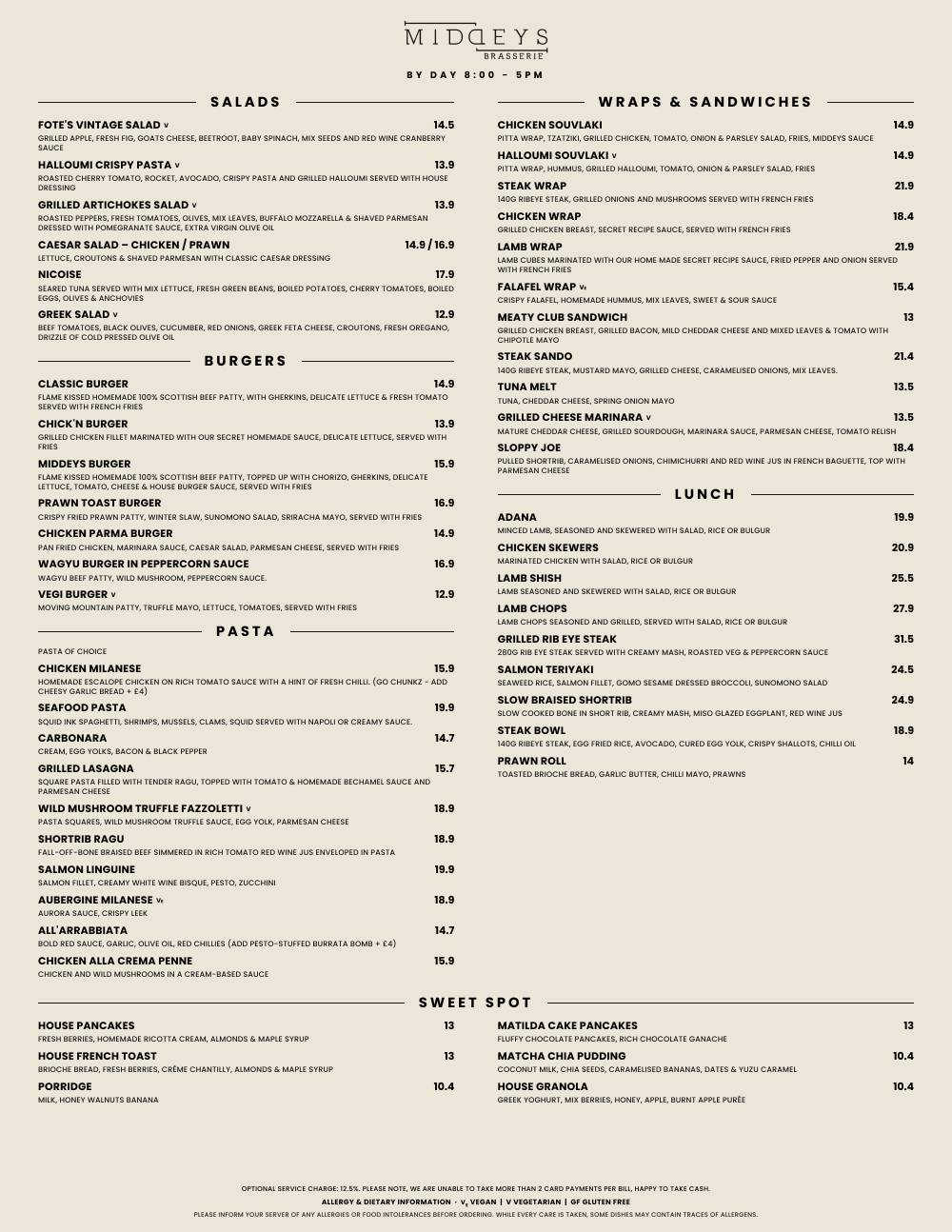 Middeys Brasserie меню