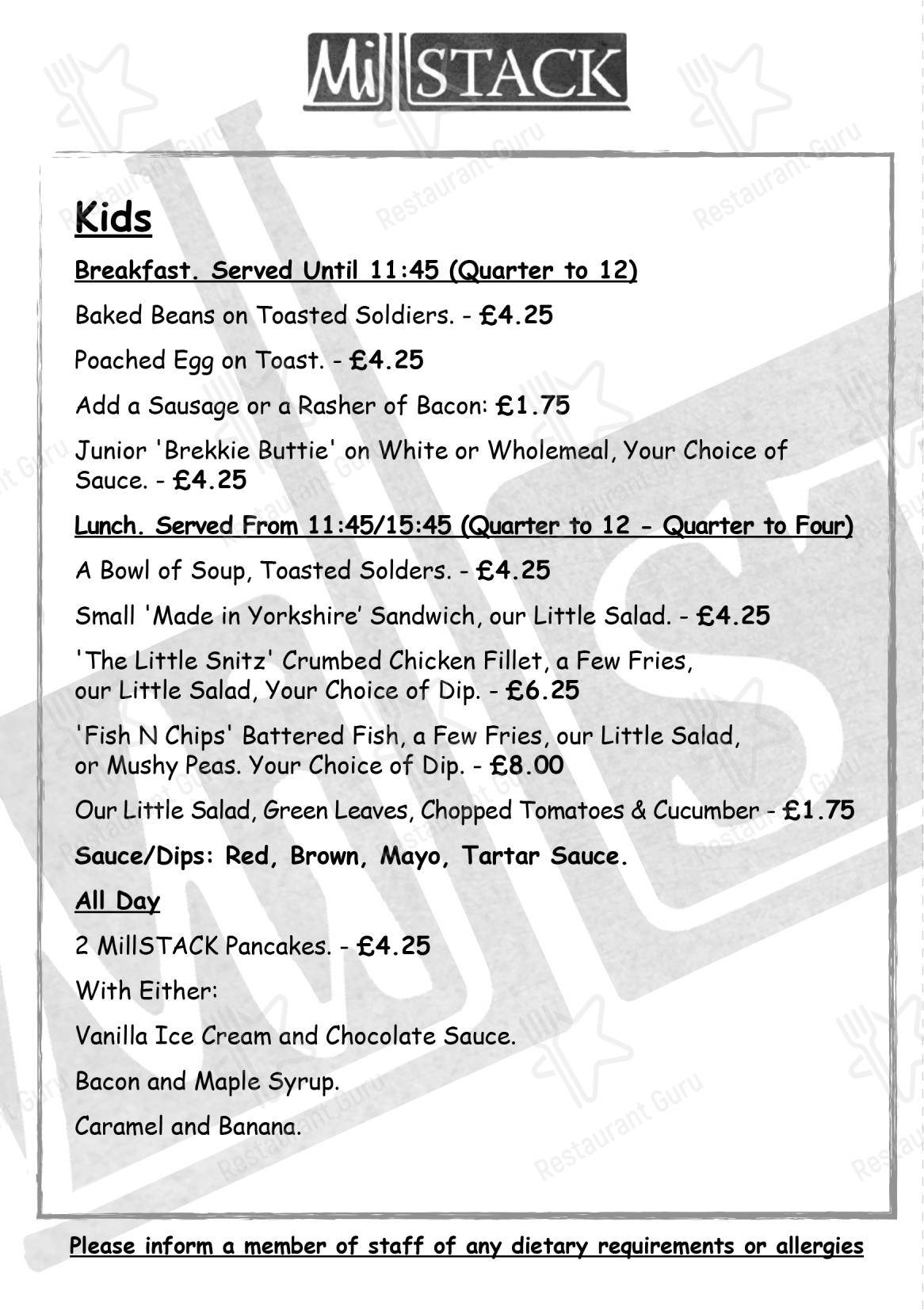 Lunch Menu кафе Millstack cafe в Китлях