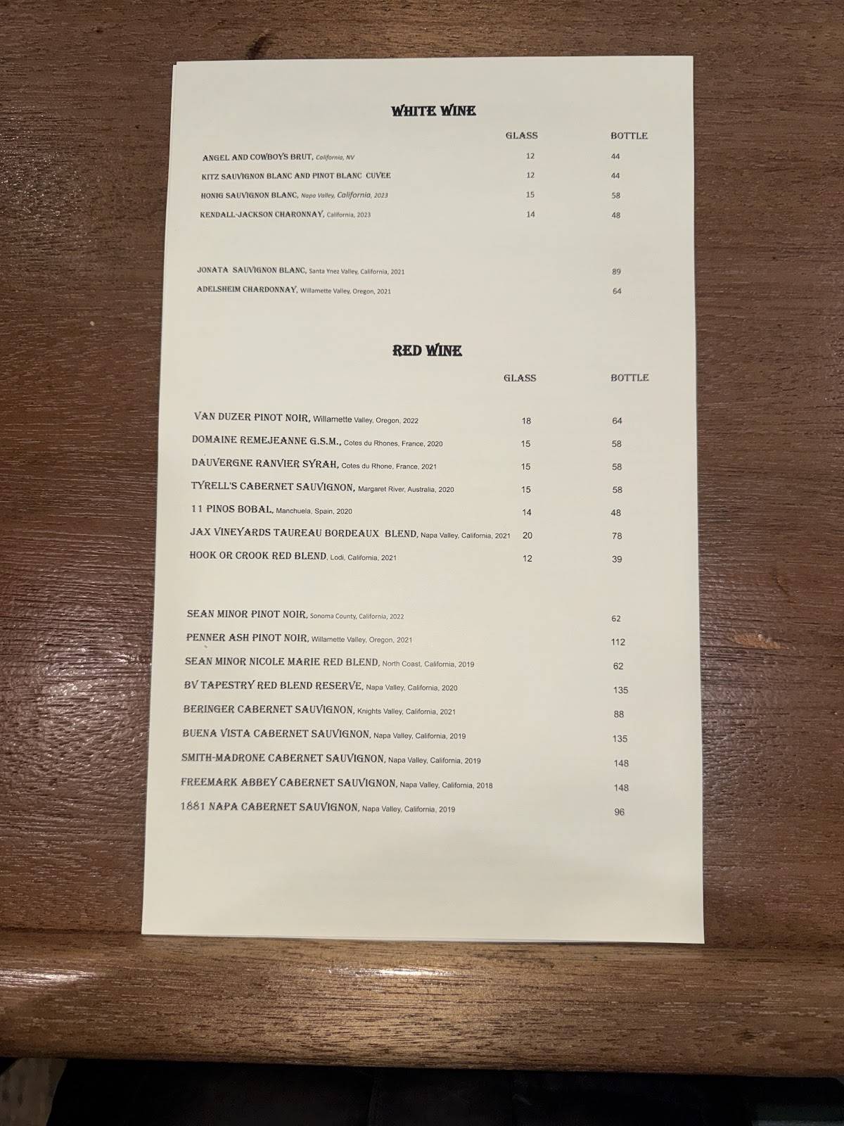 ODI "Old Dillon Inn" меню