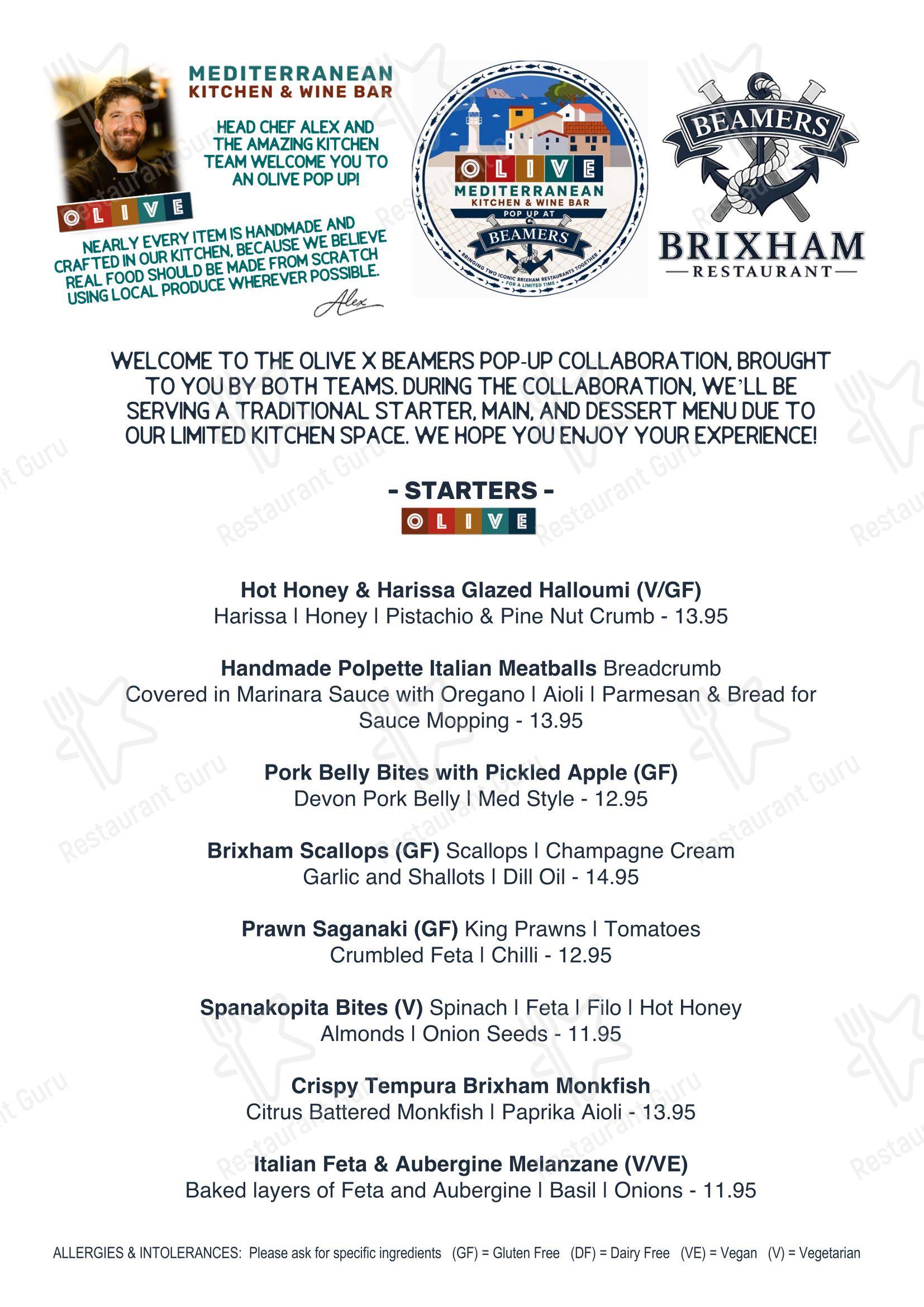 Основное меню ресторана Olive Brixham в Бриксхеме