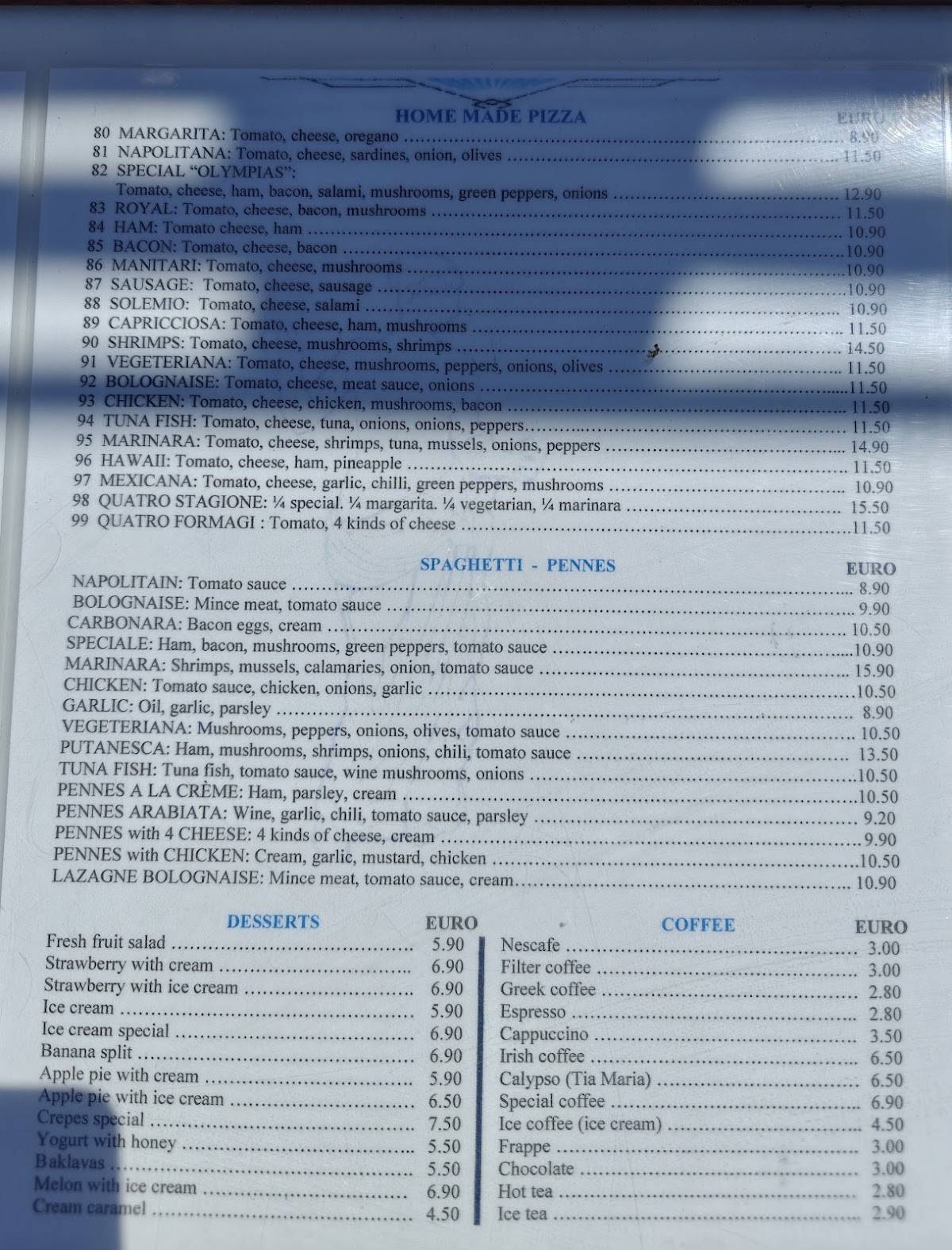Olympia's Restaurant меню
