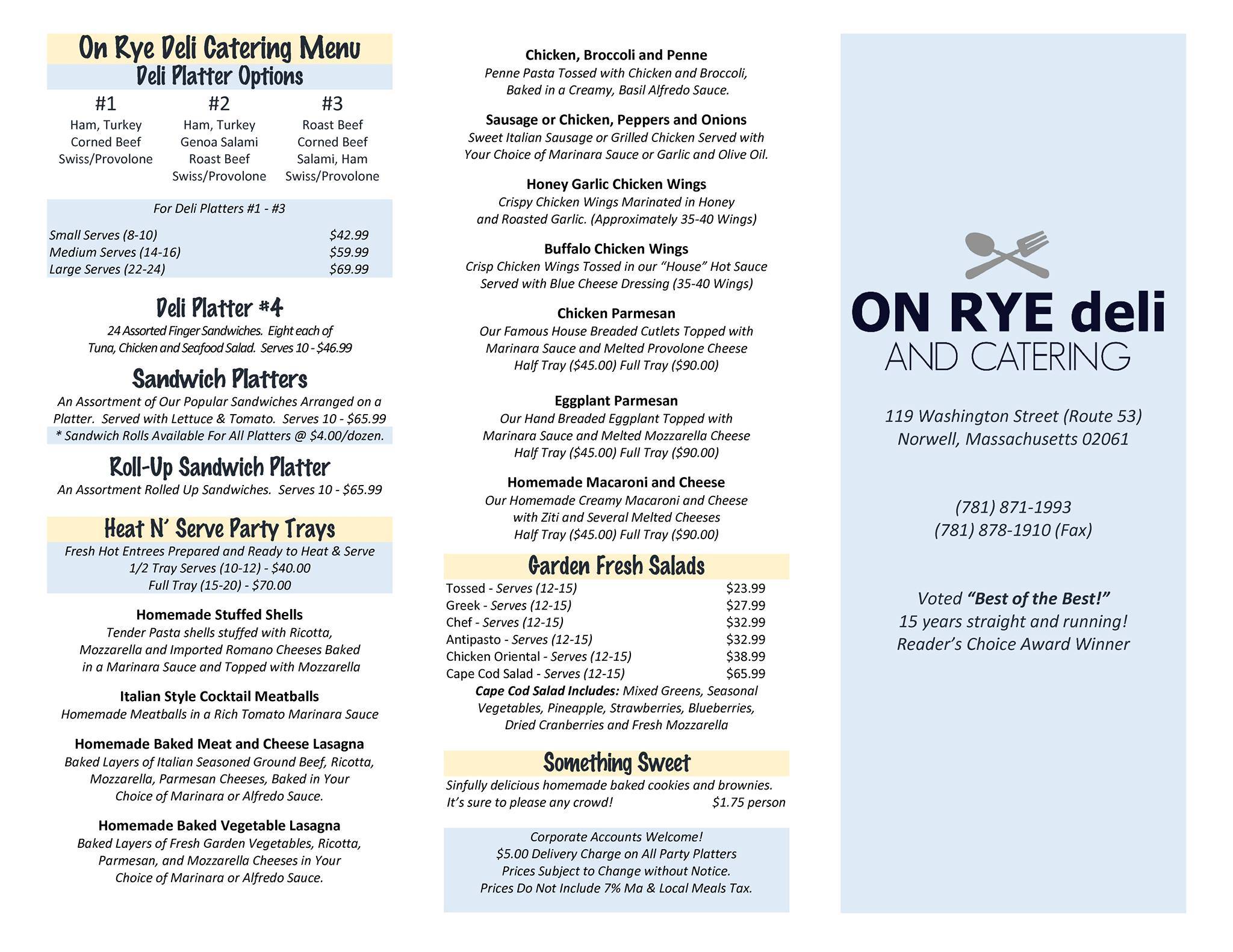 On Rye Deli меню