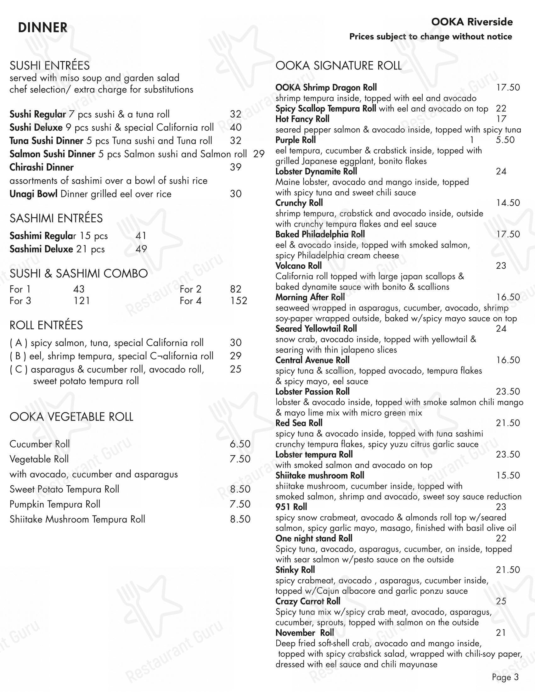 Ooka Sushi & hibachi steak House в Риверсайде - Меню