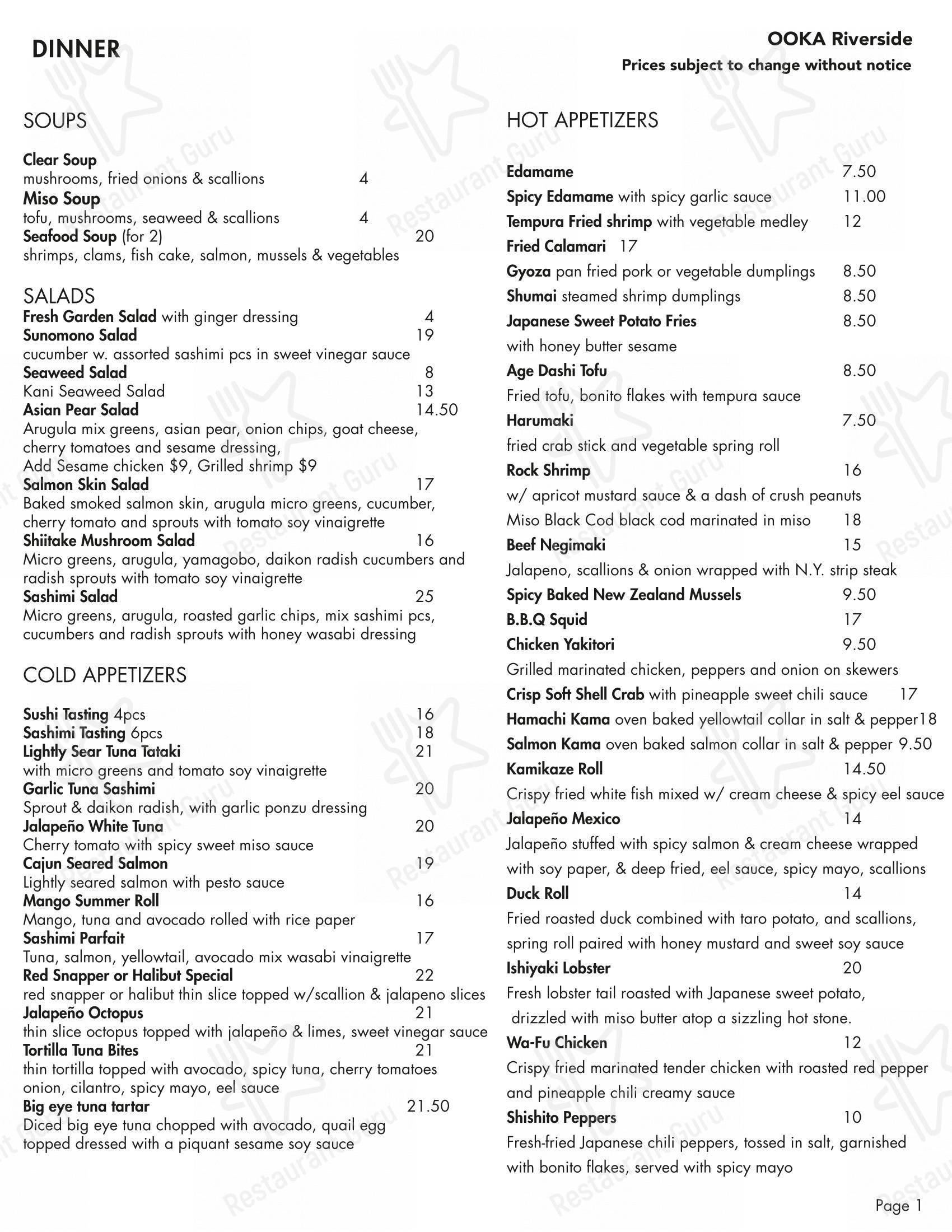 Меню ресторана Ooka Sushi & hibachi steak House