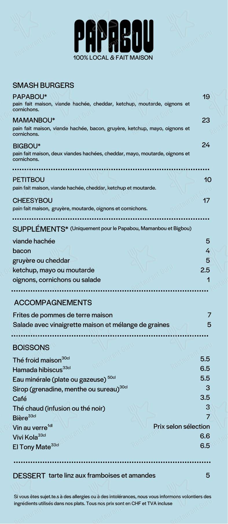 菜单 ресторана Papabou в Женеве