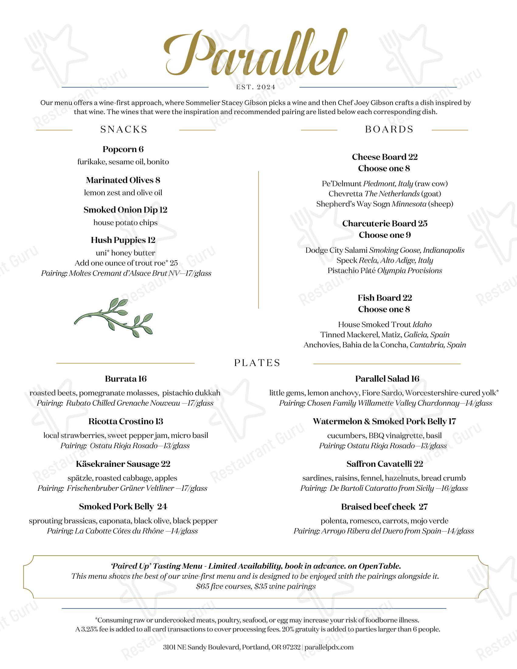 Restaurant Menu паба и бара Parallel Restaurant & Wine Bar