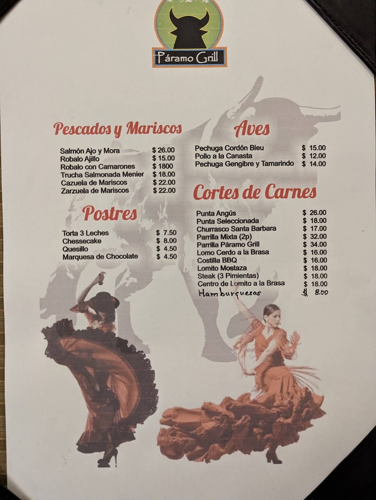 Páramo Grill меню