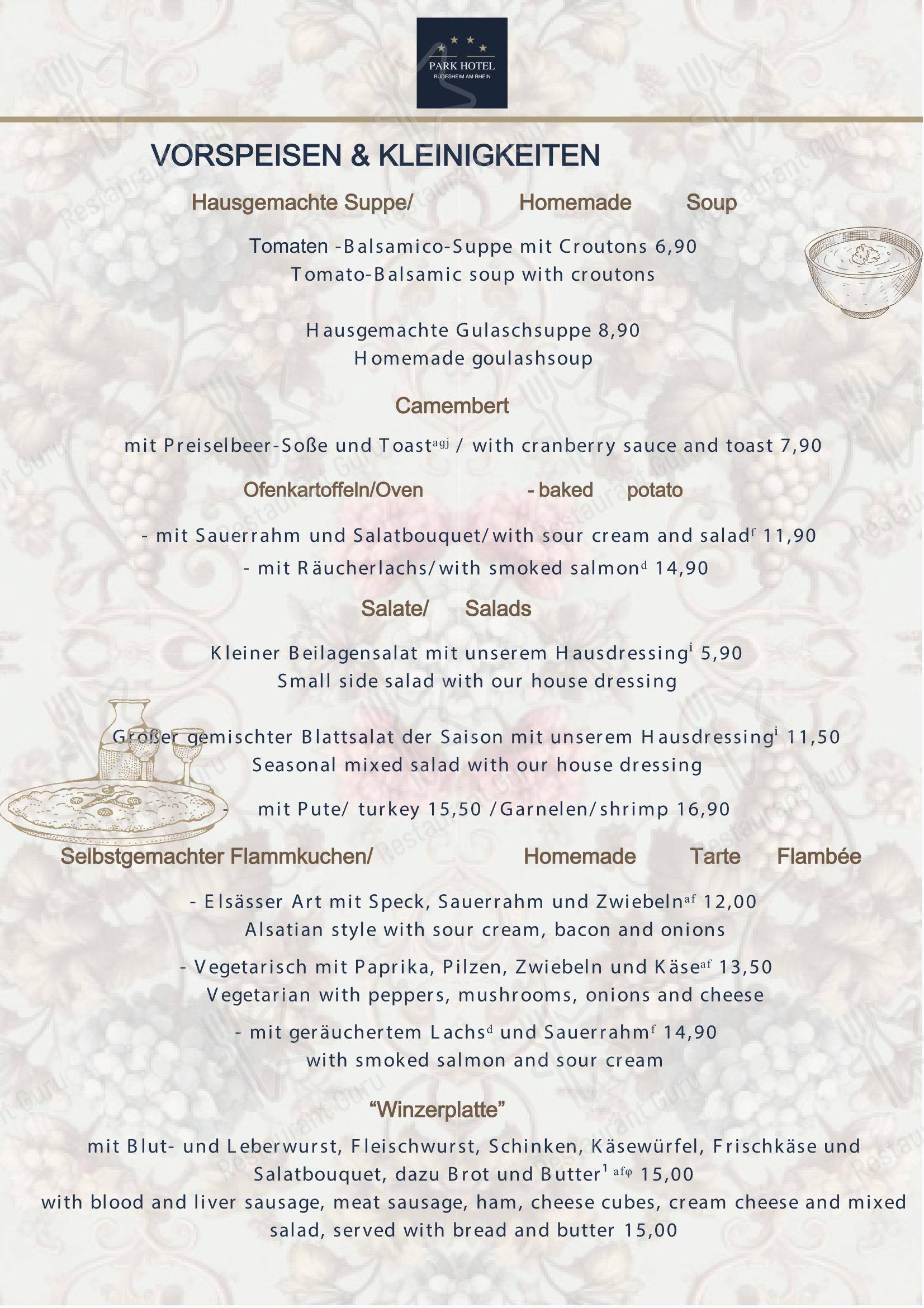 Меню напитков ресторана Park Café im Parkhotel Rüdesheim в Рюдесхайме-на-Рейне