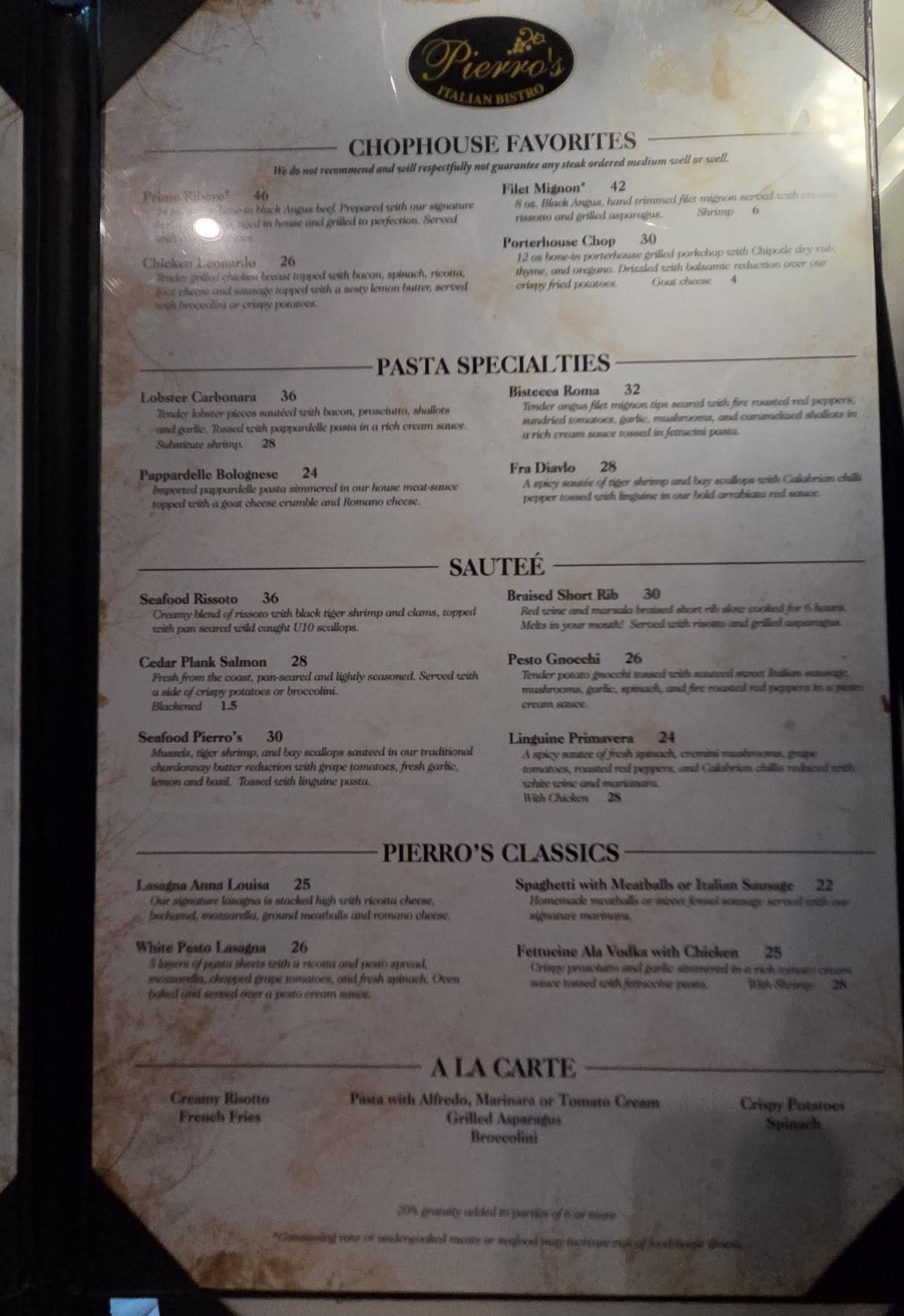 Pierro's меню