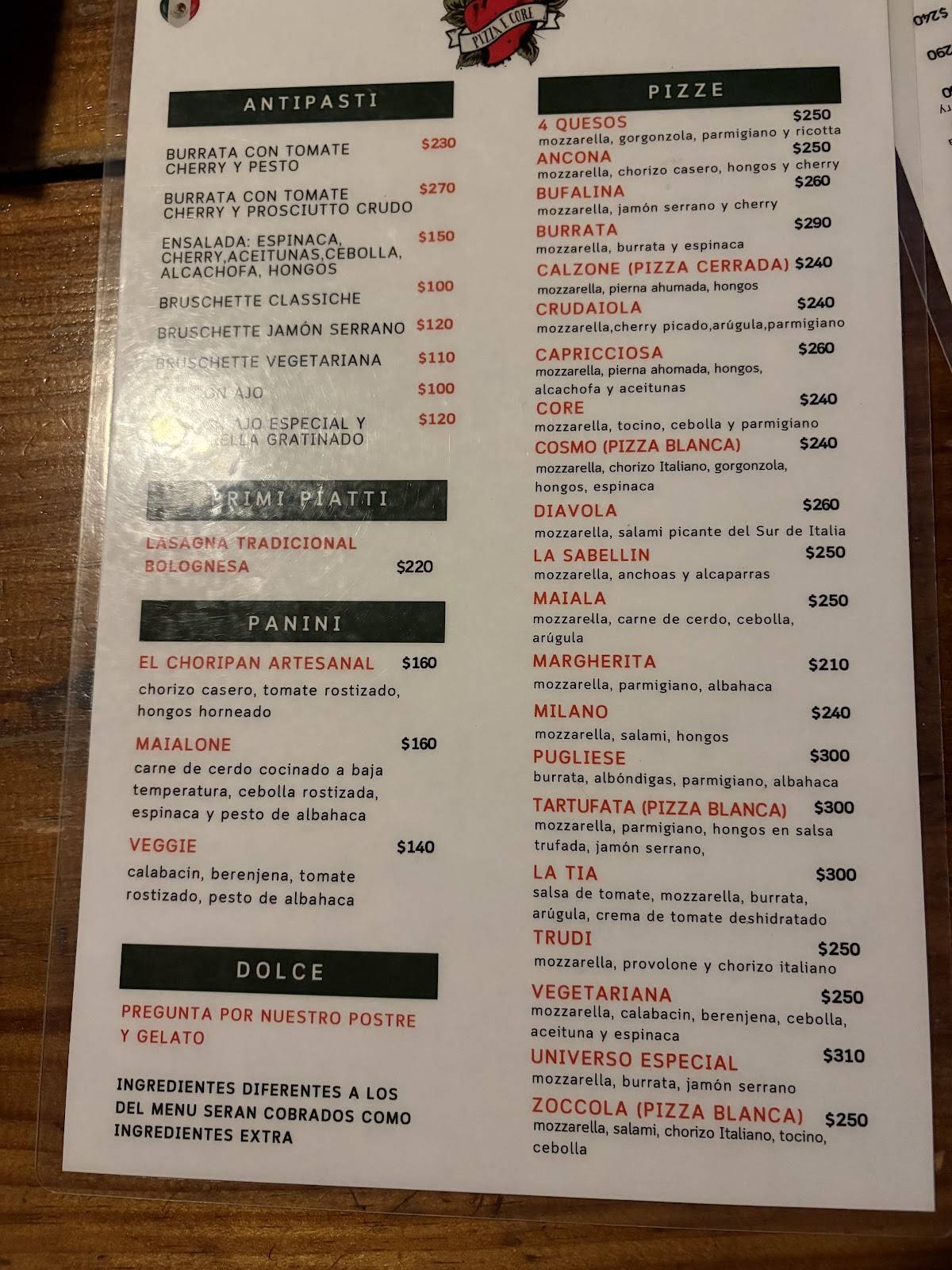 Pizza E Core меню
