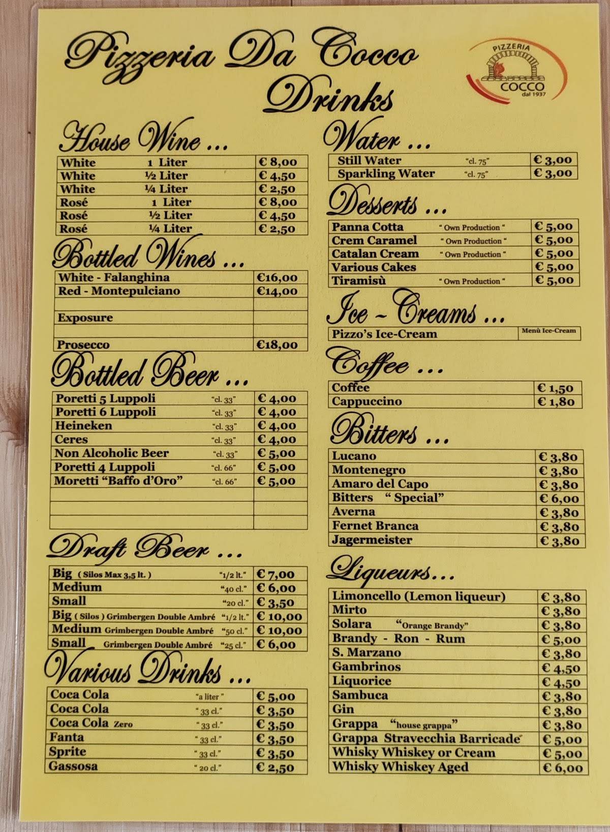 Pizzeria Da Cocco меню