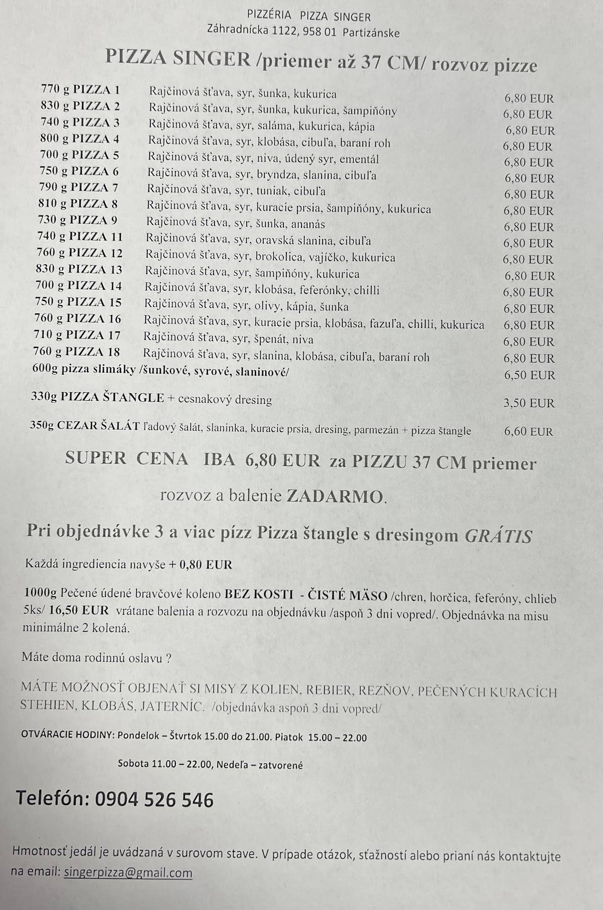 Pizzeria Singer меню