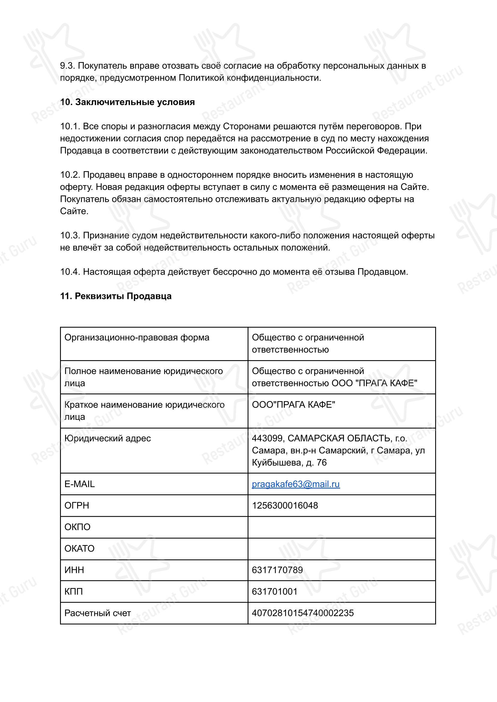 Основное меню ресторана Прага