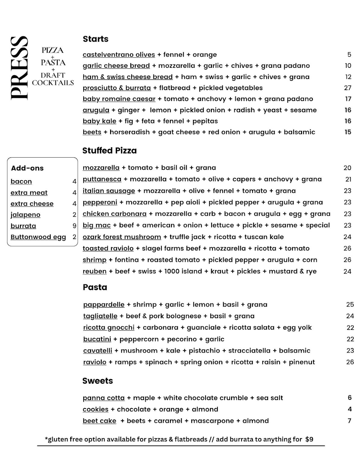 Press Pizza & Pasta меню