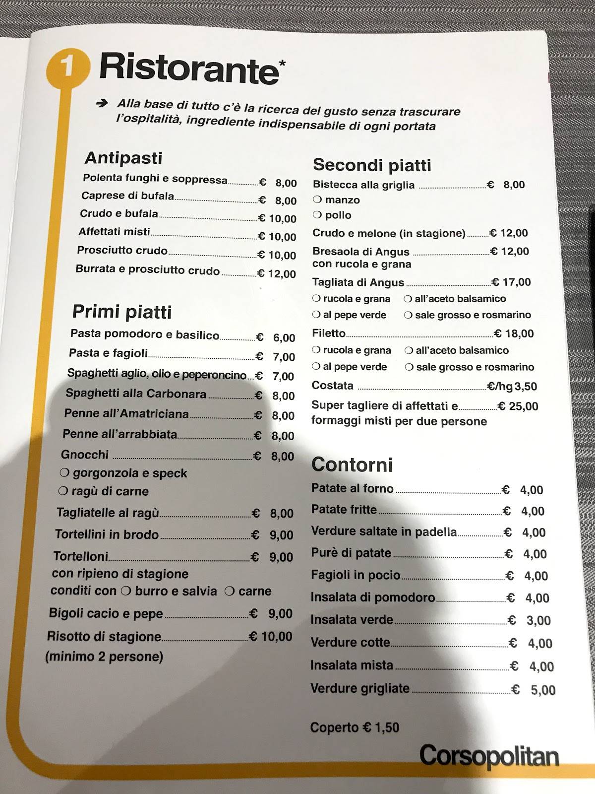 Corsopolitan меню