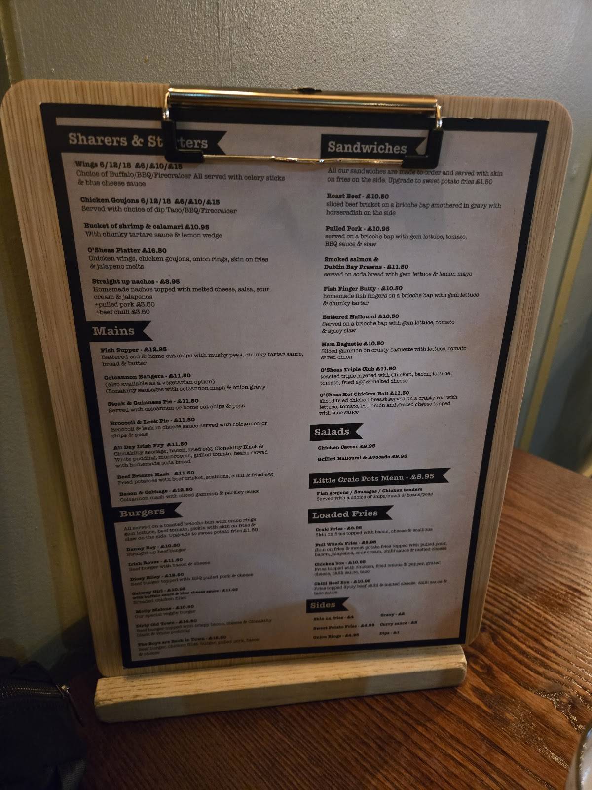 O'Sheas Irish Bar меню