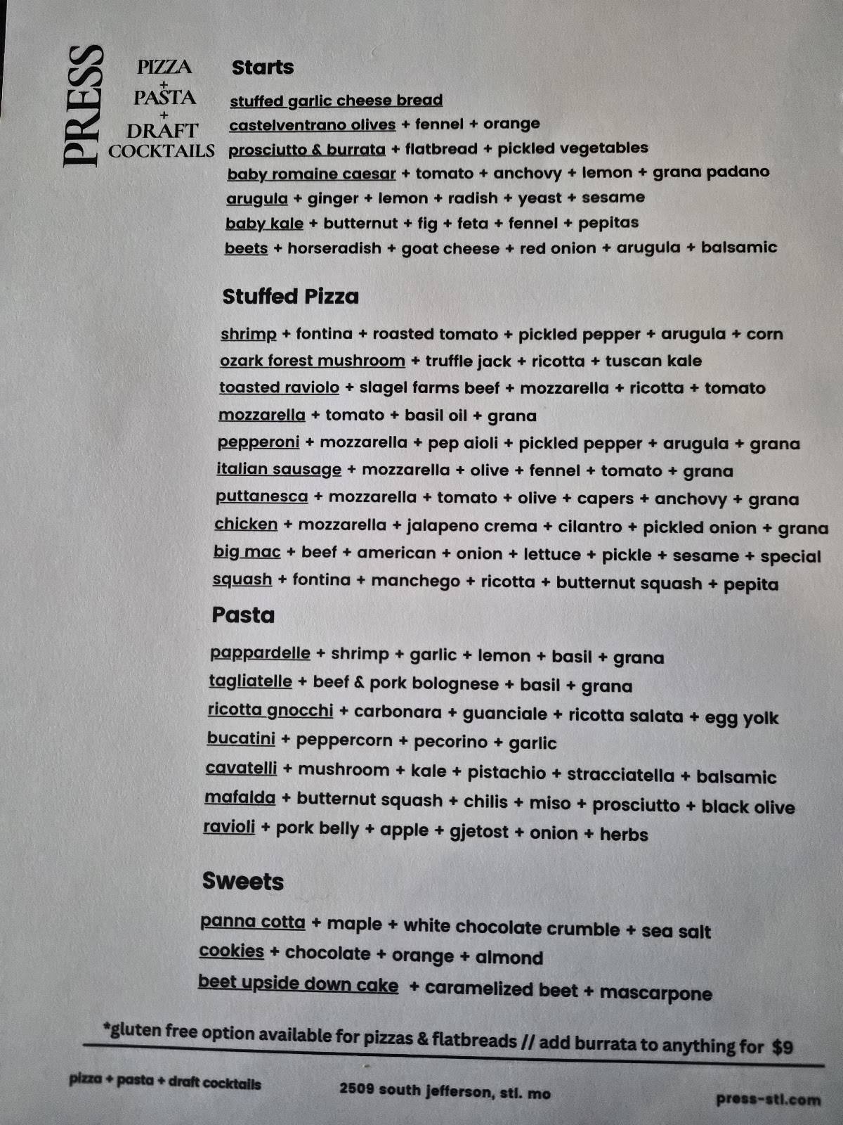 Press Pizza & Pasta меню