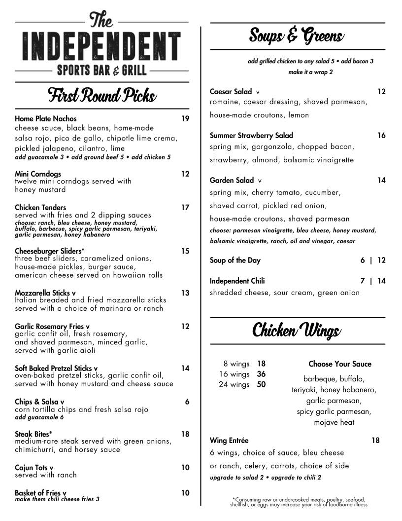 The Independent Sports Bar & Grill меню