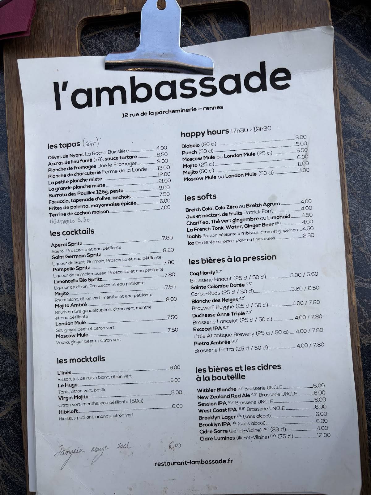 L'Ambassade de Rennes меню