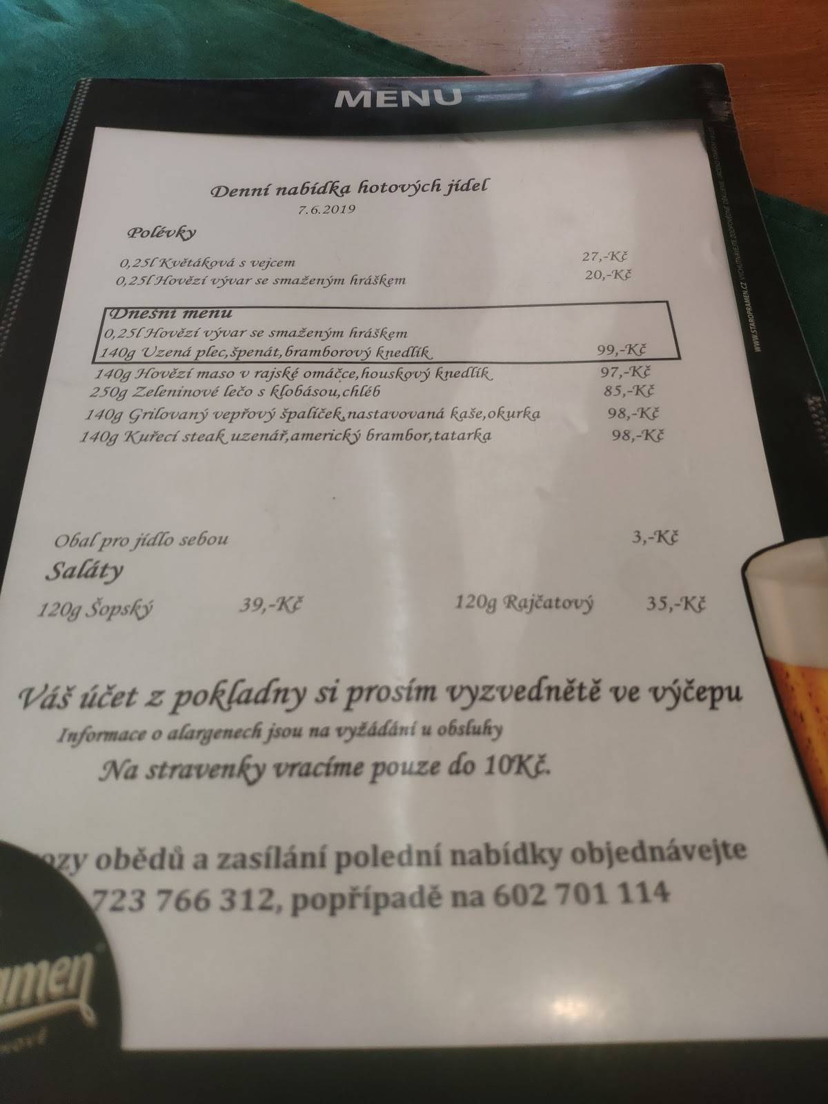 Restaurace Sokol меню