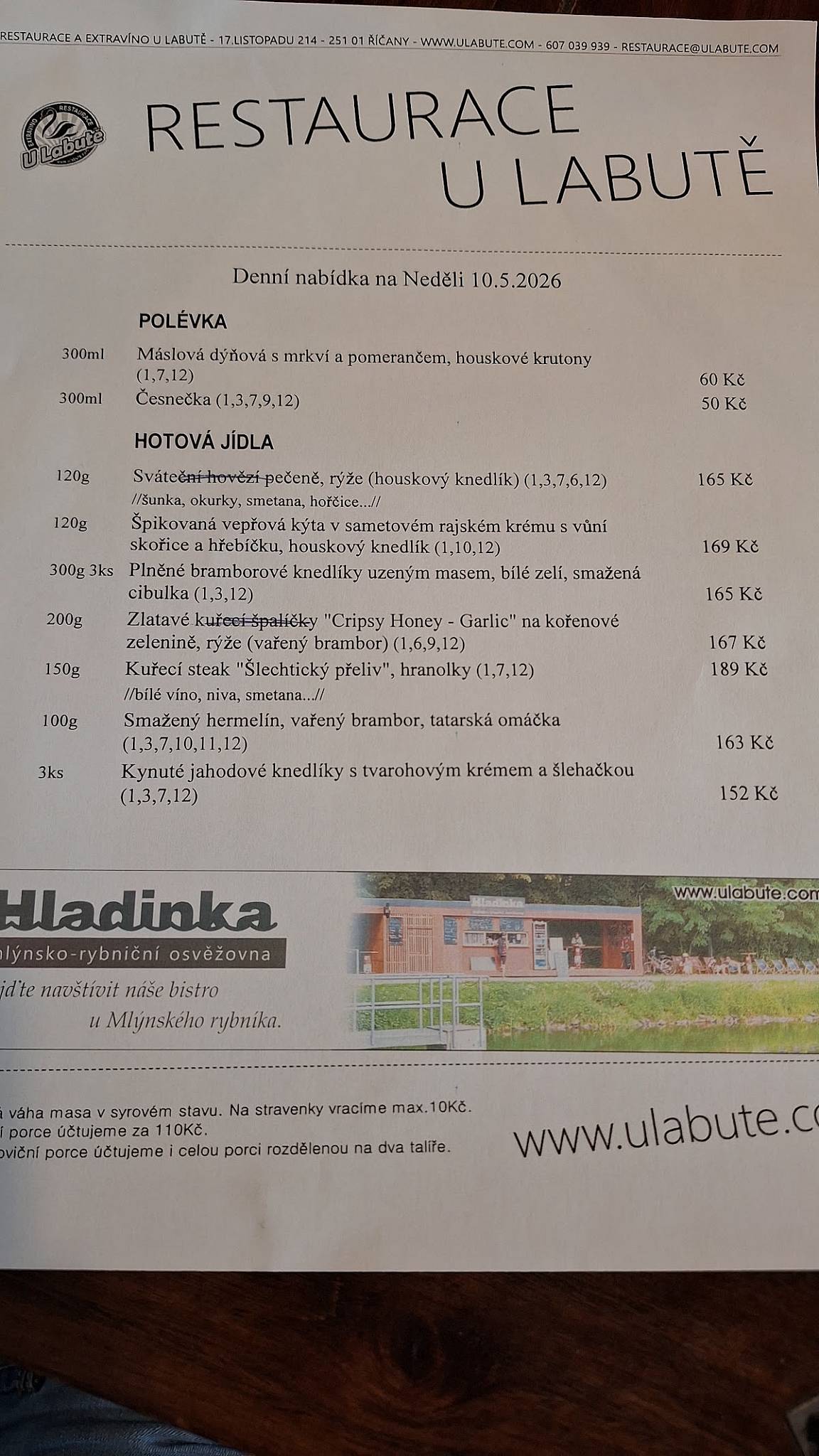 Restaurace U labutě меню