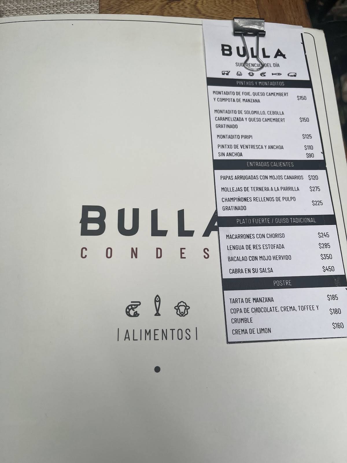Bulla Condesa меню