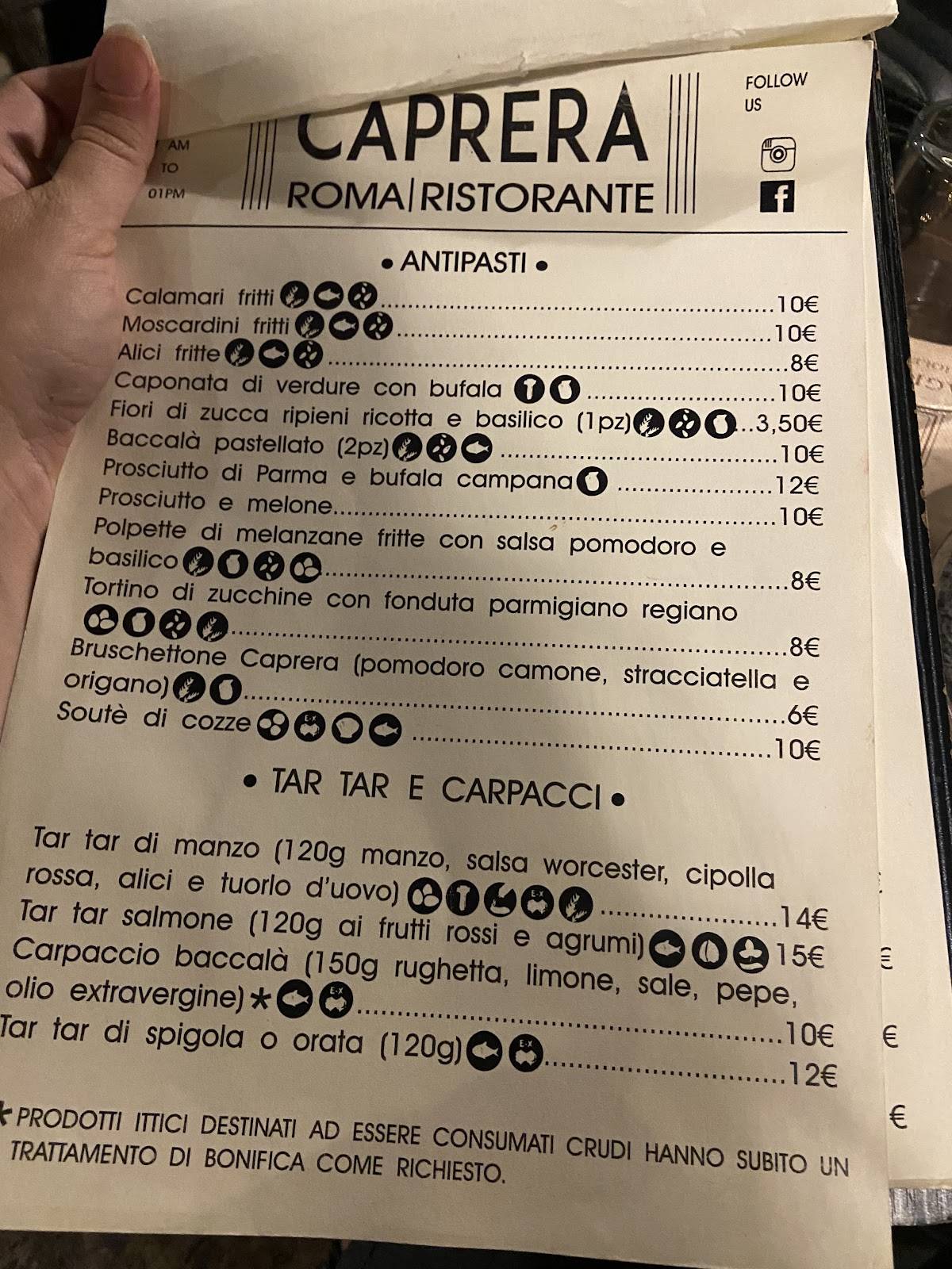 Caprera меню