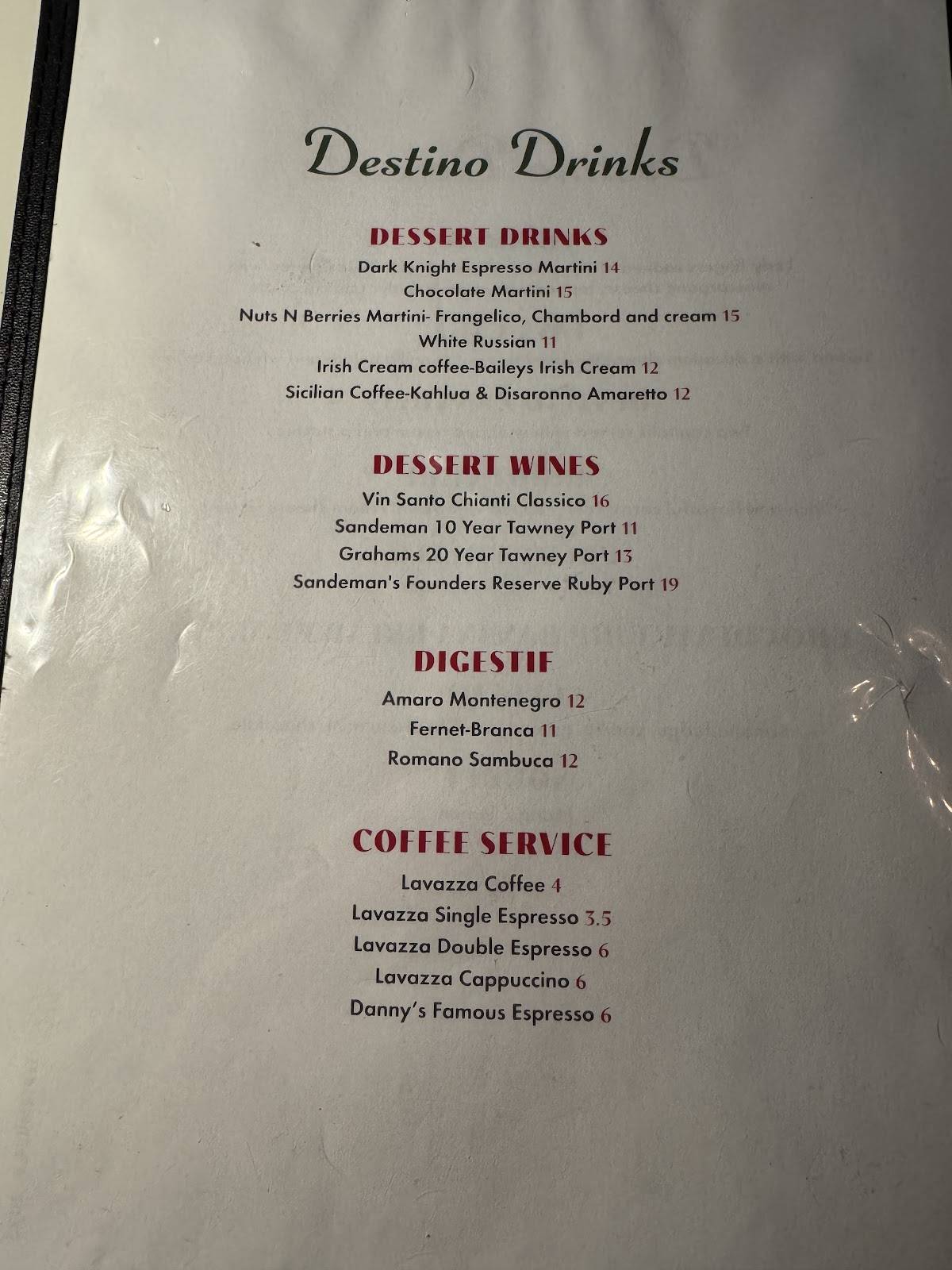 Destino Ristorante меню