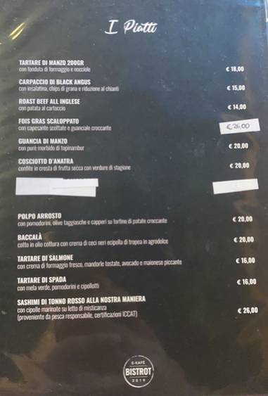 E-bistrot Roma Pantheon меню