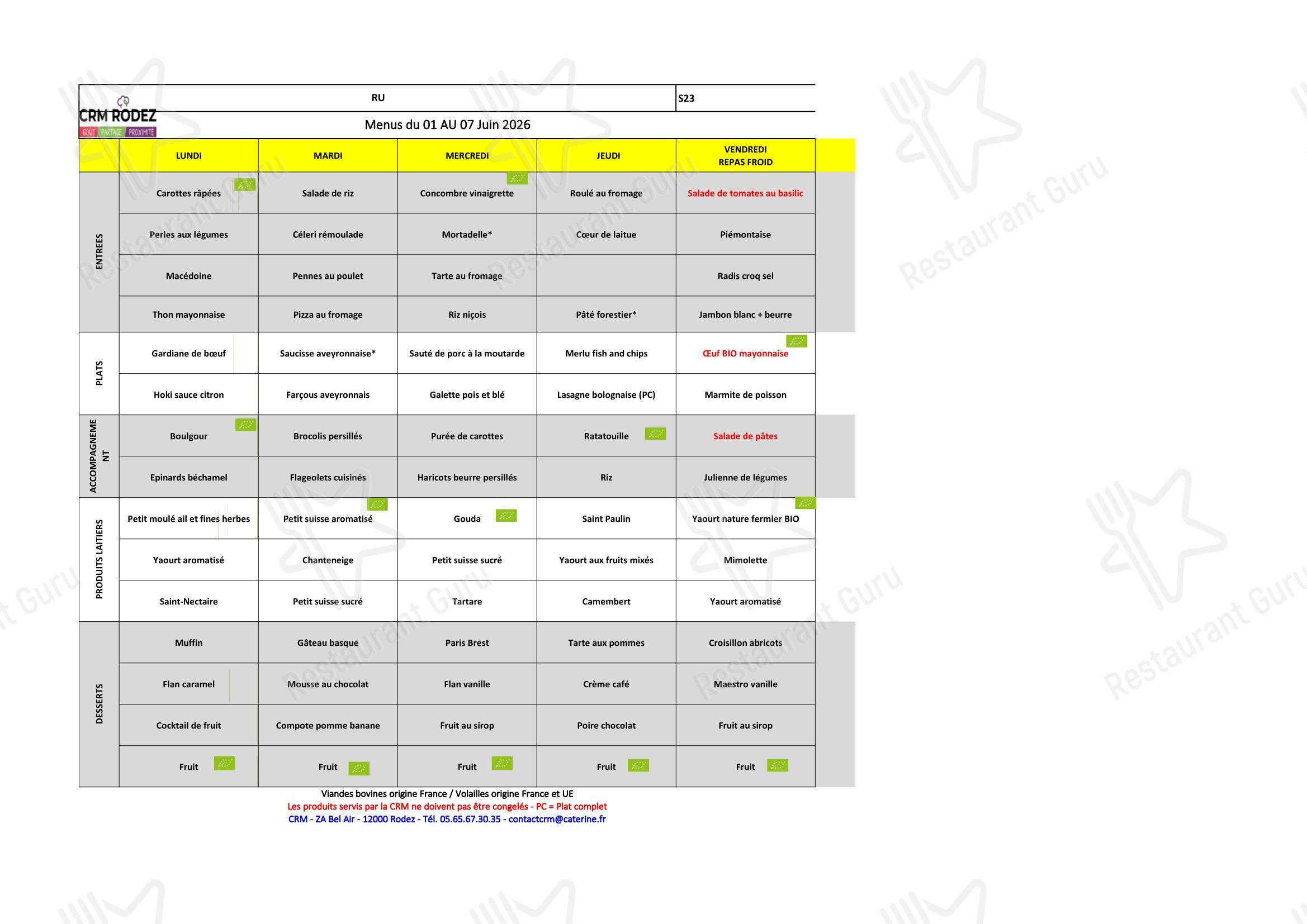 Restaurant Universitaire в Родезе - Takeaway Menu