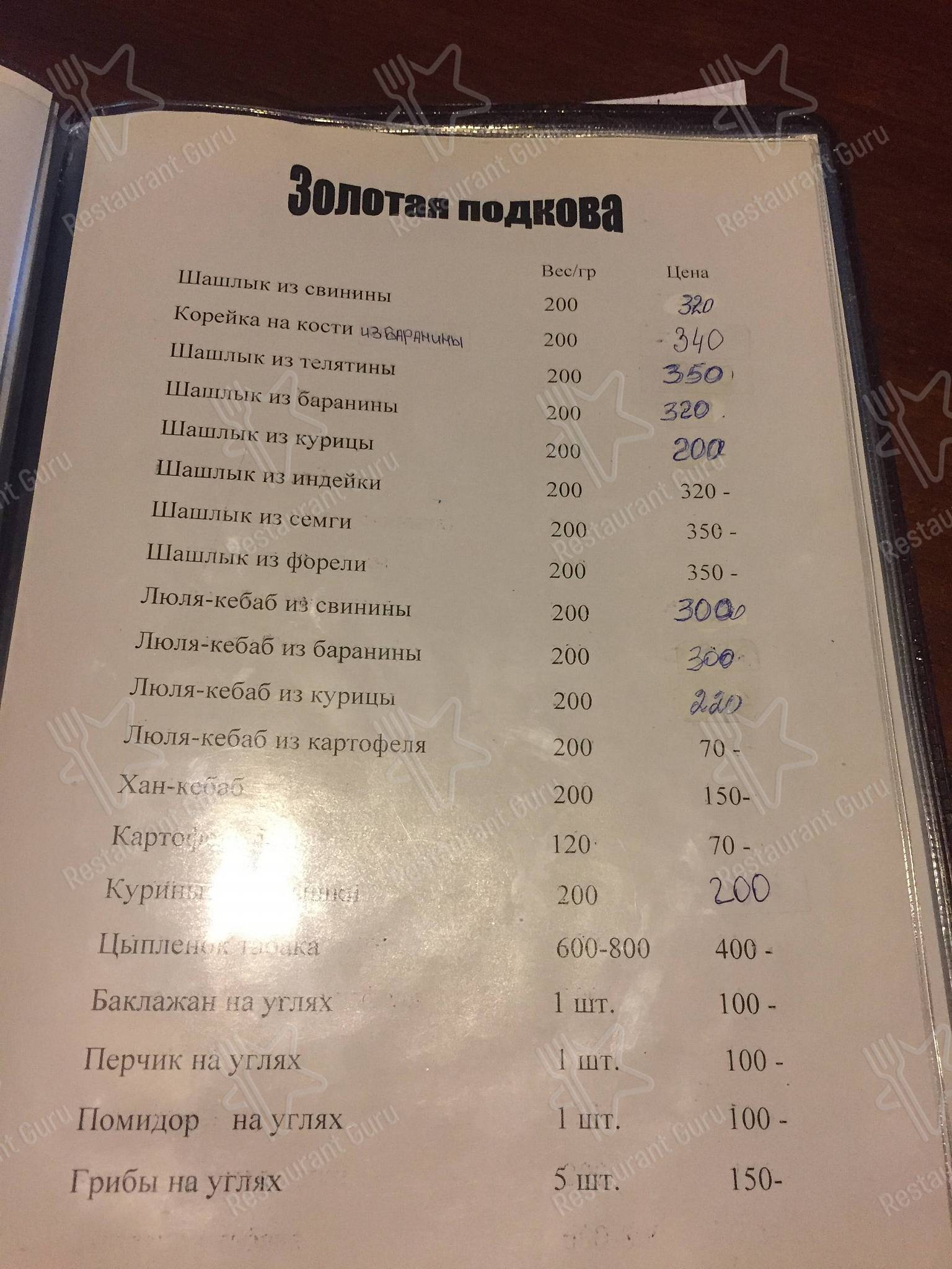 Меню кафе Золотая Подкова