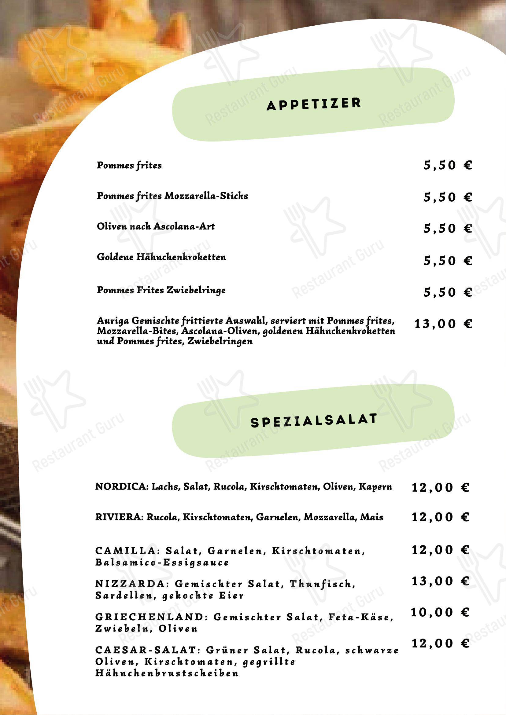 Основное меню паба и бара Ristorante Pizzeria Auriga