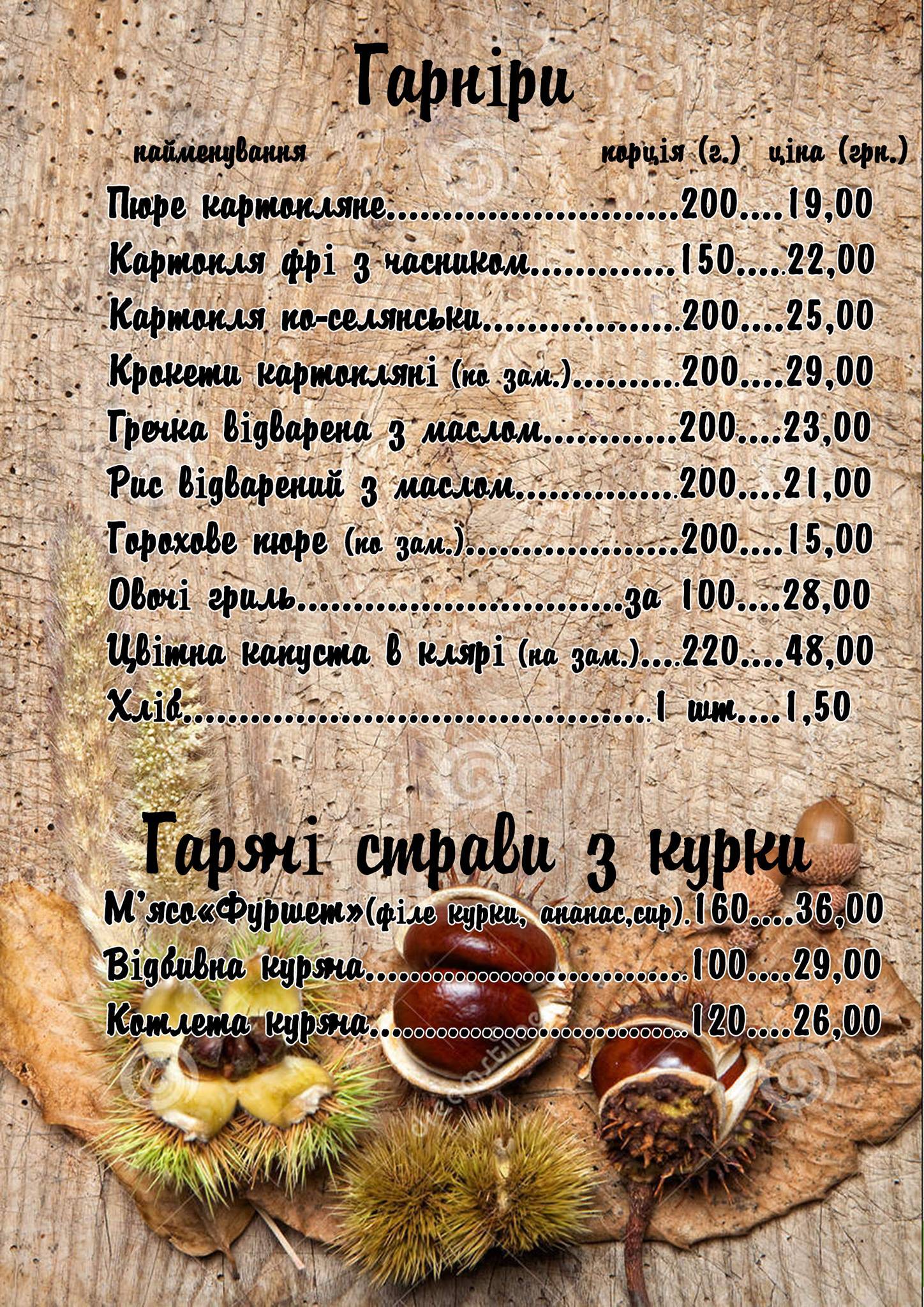 Кафе-бар Каштан меню