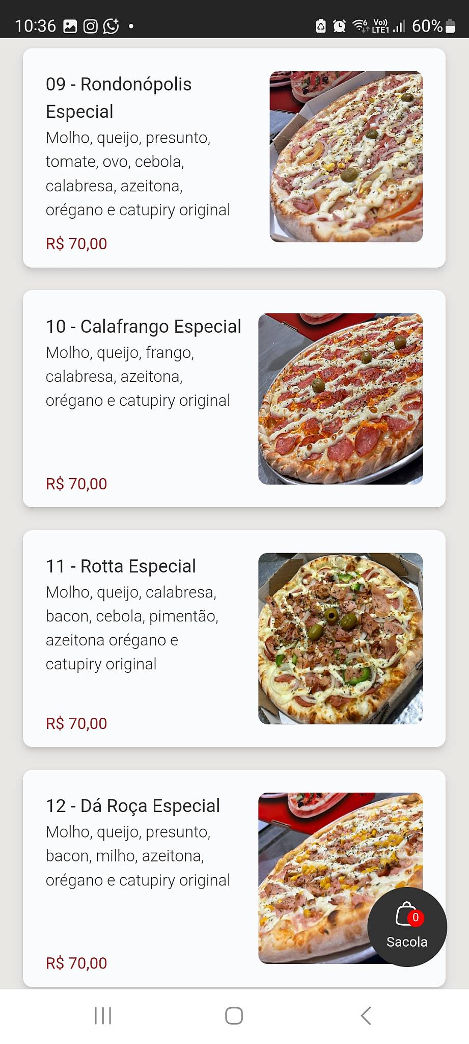 Rota pizzaria меню