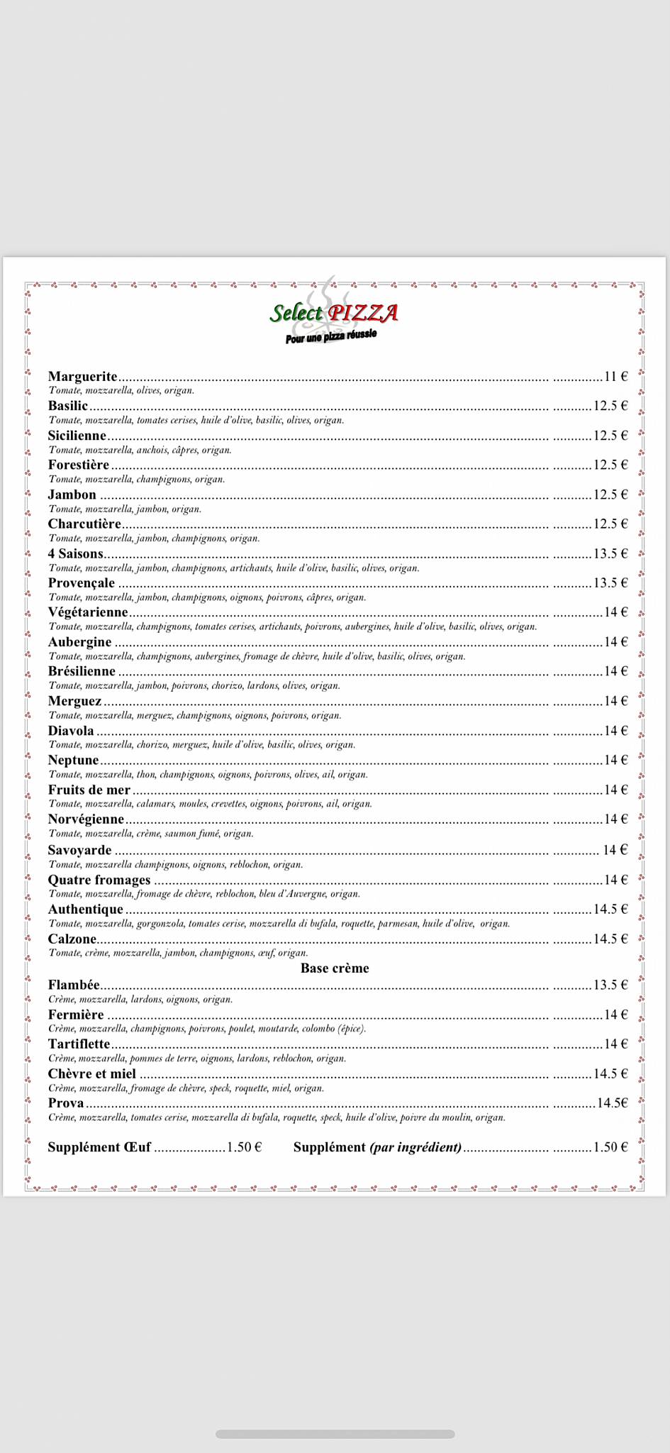 Pizzeria des Alpes меню