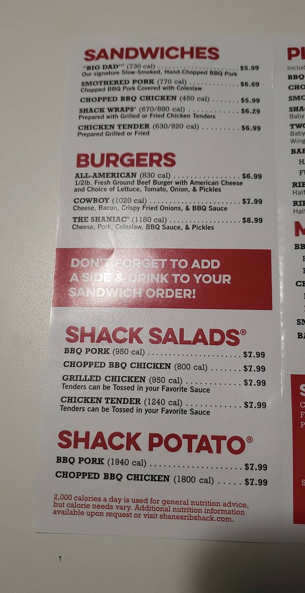 Shane's Rib Shack меню