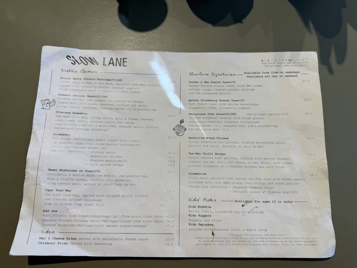 Slowlane Cafe меню