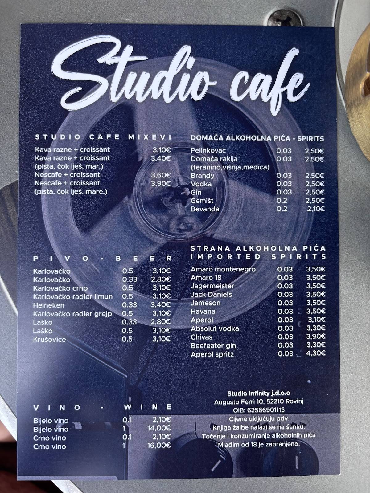 Studio Cafe Rovinj меню