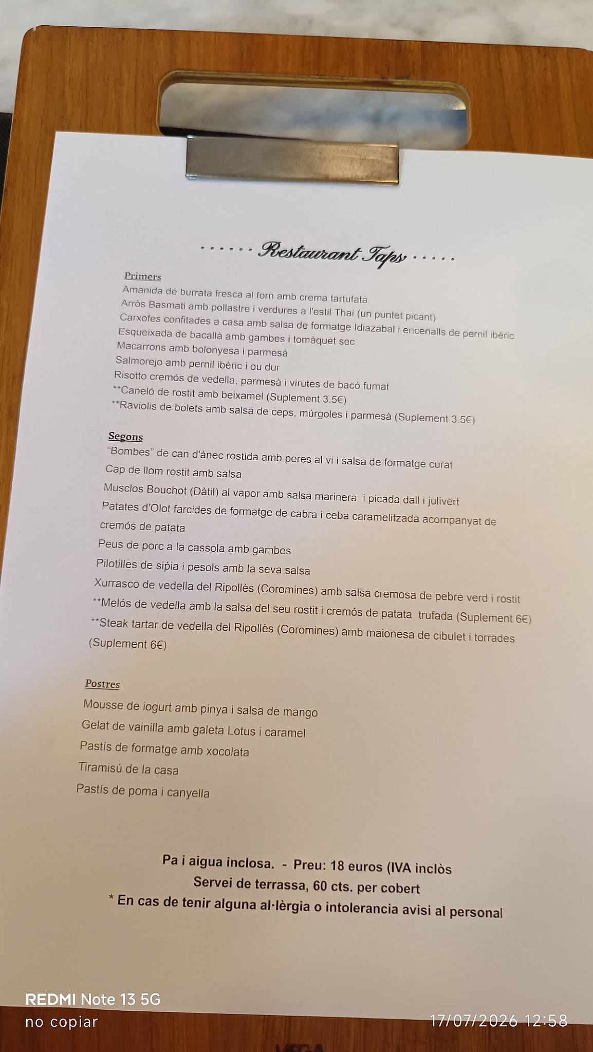 TAPS Bar Restaurant меню