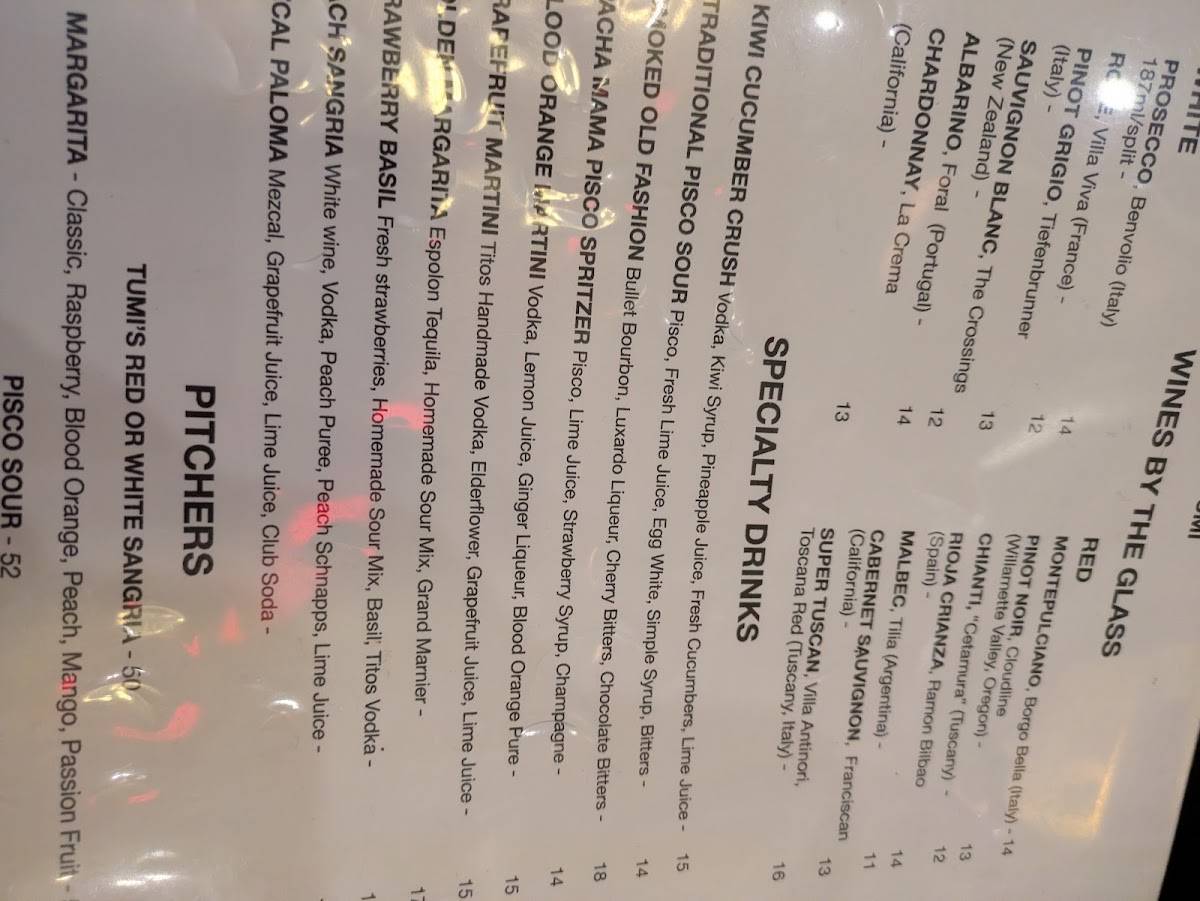 TUMI CEVICHE BAR & RISTORANTE меню