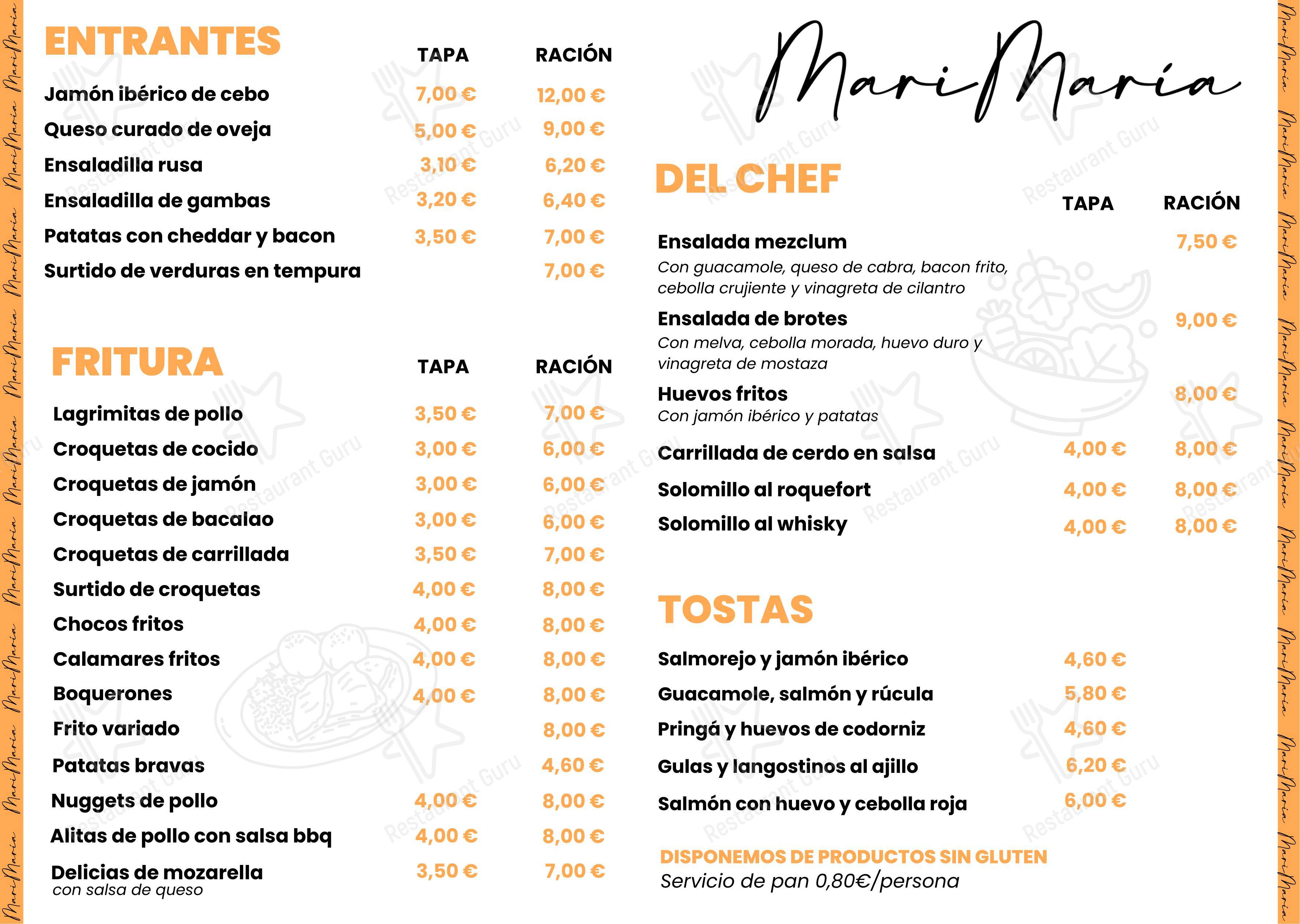 Меню напитков паба и бара Terraza MariMaría