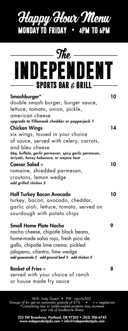 The Independent Sports Bar & Grill меню