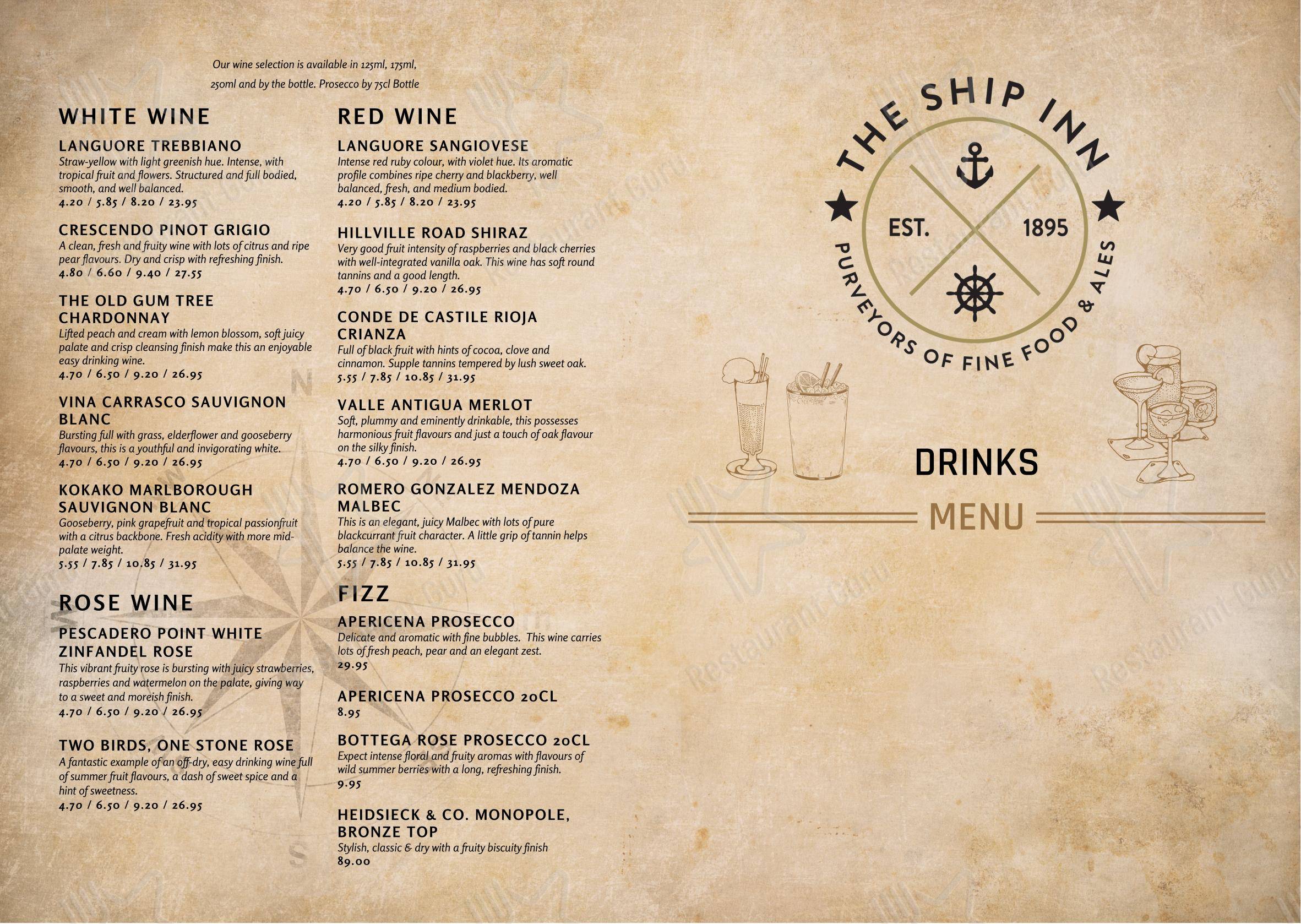 Меню паба и бара The Ship Inn - Меню