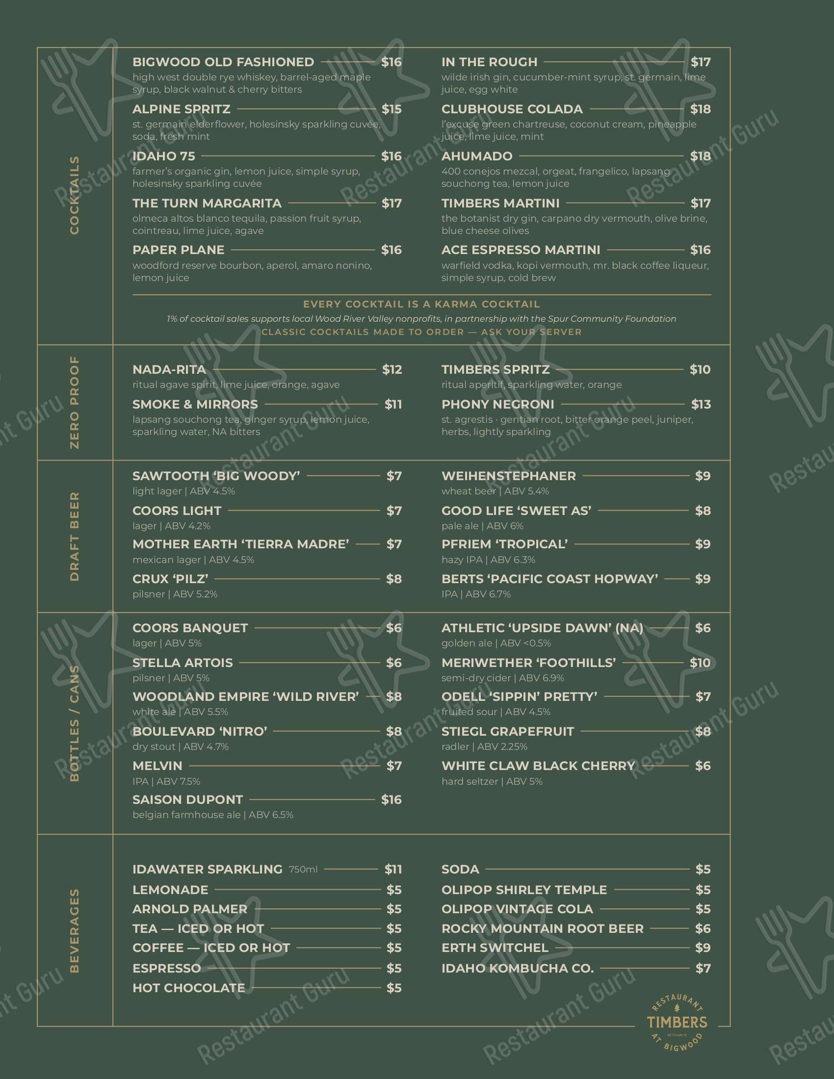 Меню ресторана Timbers Restaurant