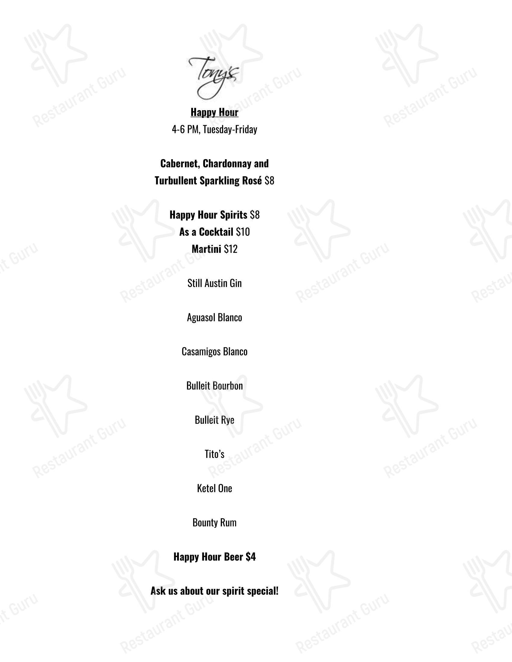 Wine Menu ресторана Tony's