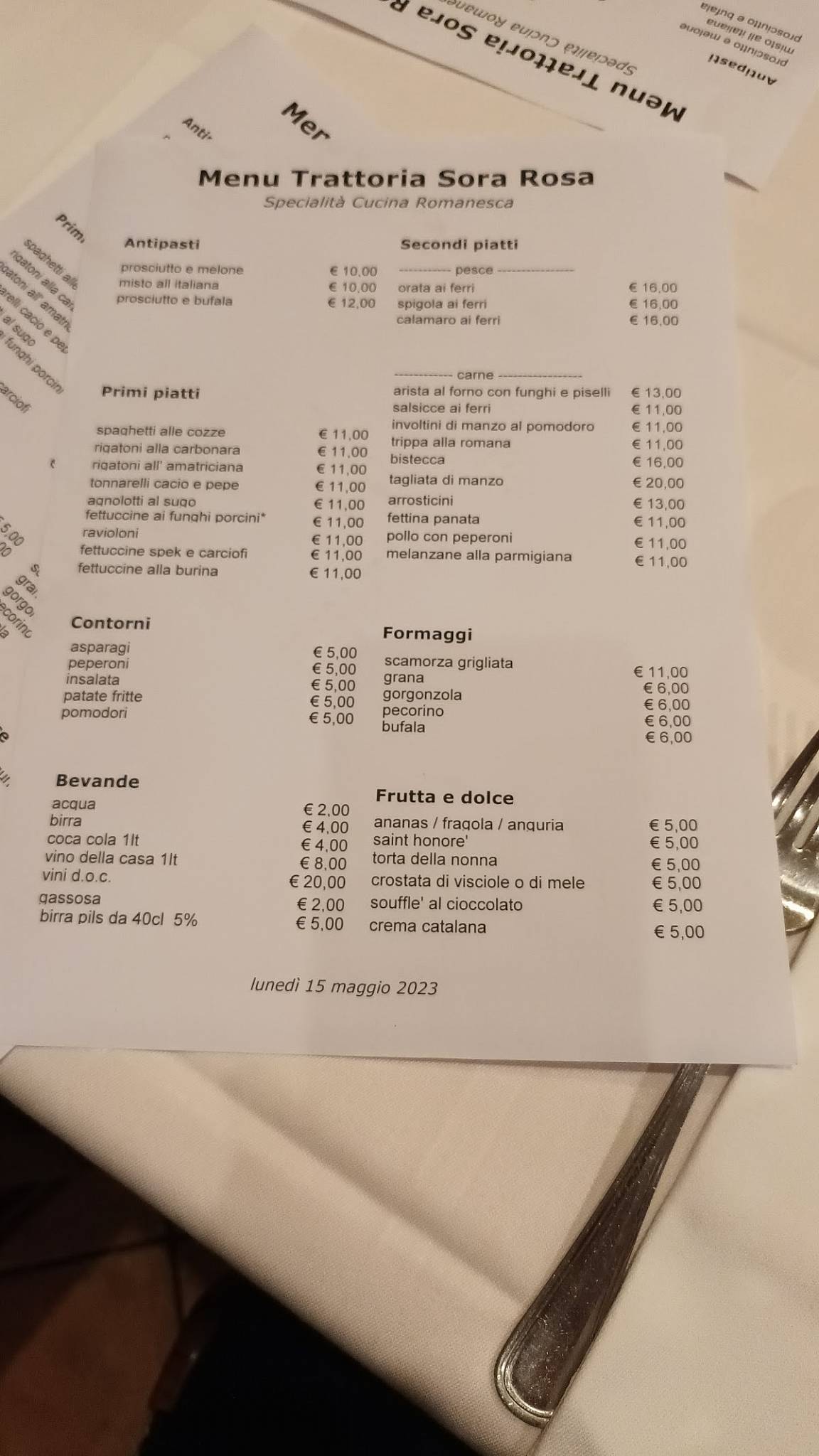 Trattoria Sora Rosa меню