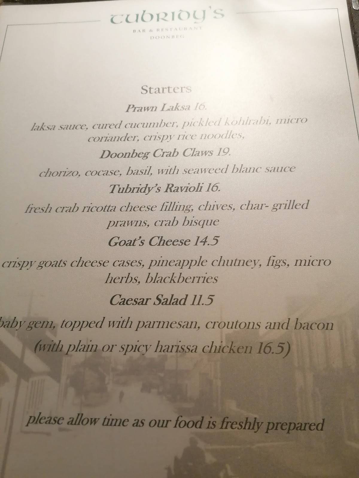 Tubridy's Bar & Restaurant меню