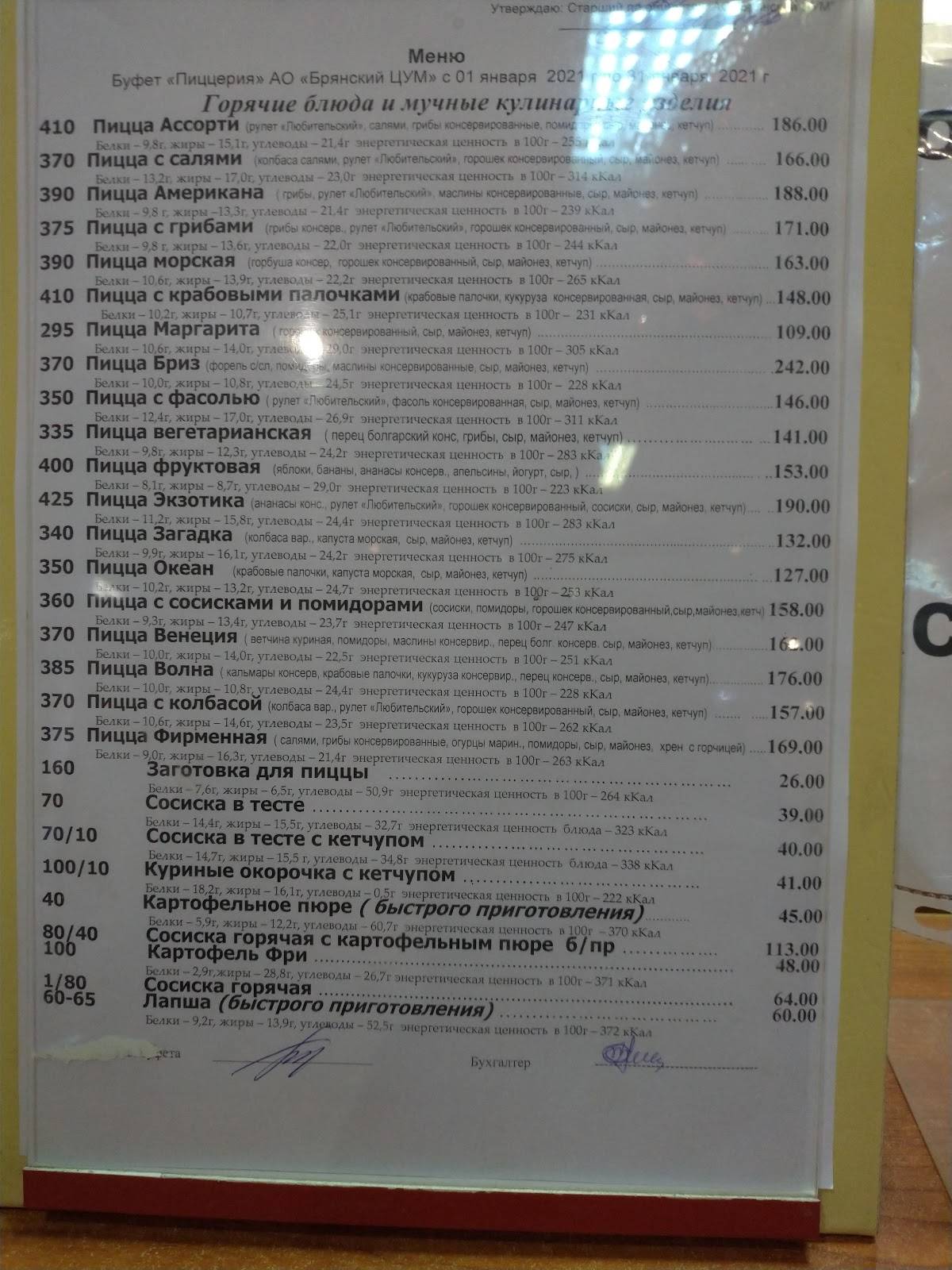 Пиццерия меню