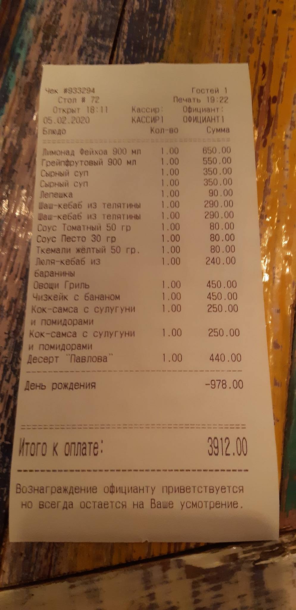 Vasilchuki Chaihona № 1 меню